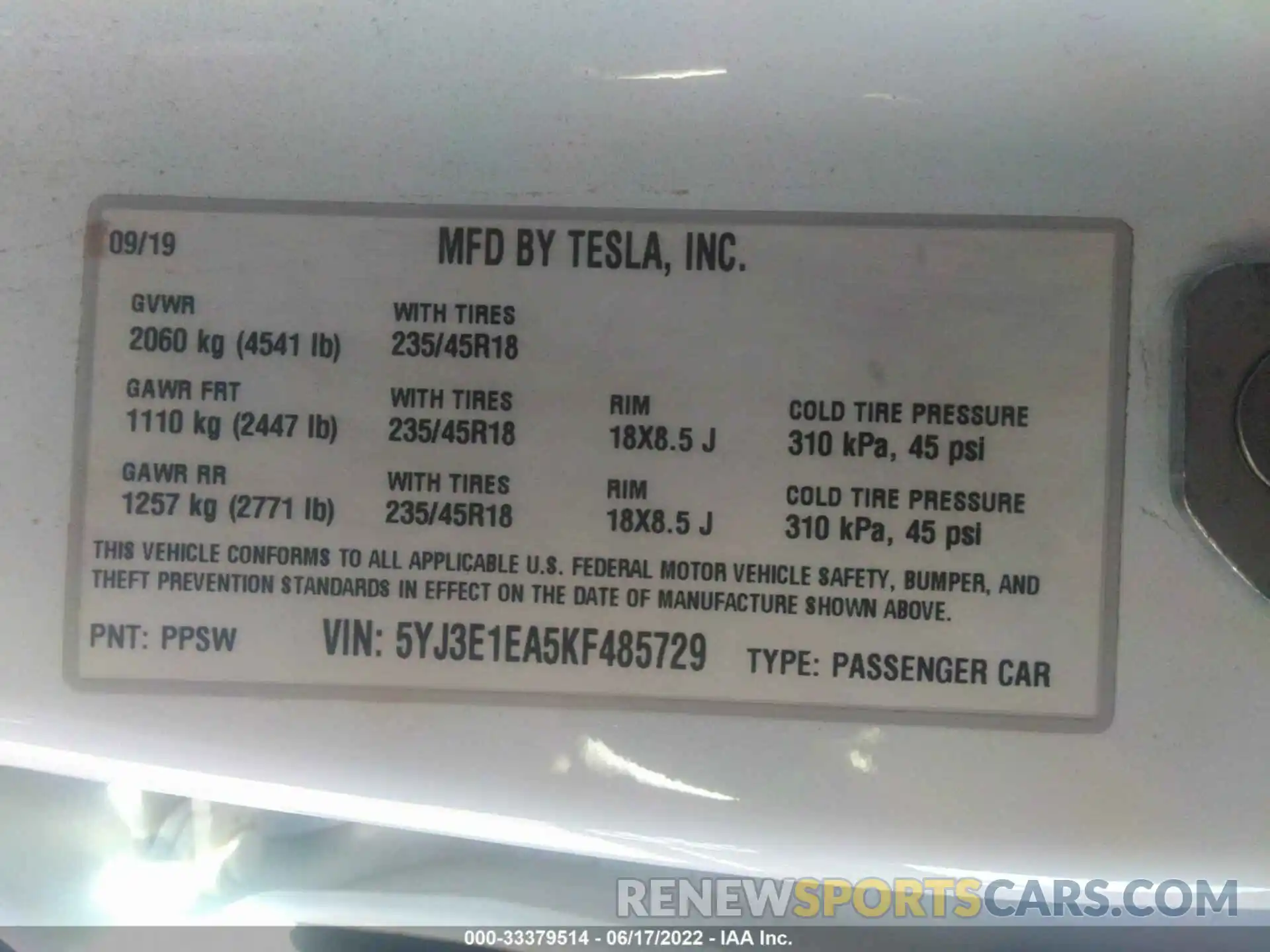 9 Photograph of a damaged car 5YJ3E1EA5KF485729 TESLA MODEL 3 2019