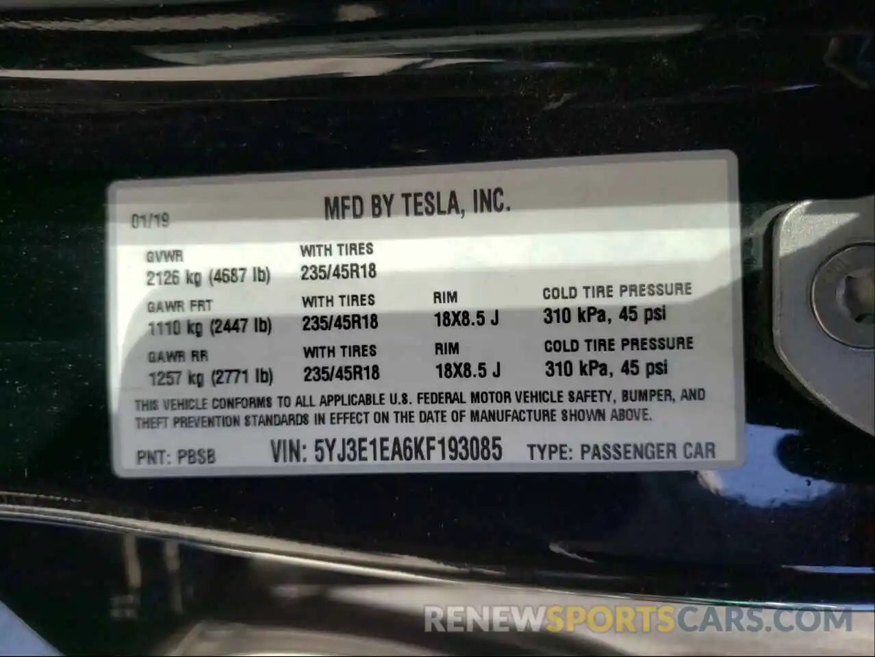 10 Photograph of a damaged car 5YJ3E1EA6KF193085 TESLA MODEL 3 2019