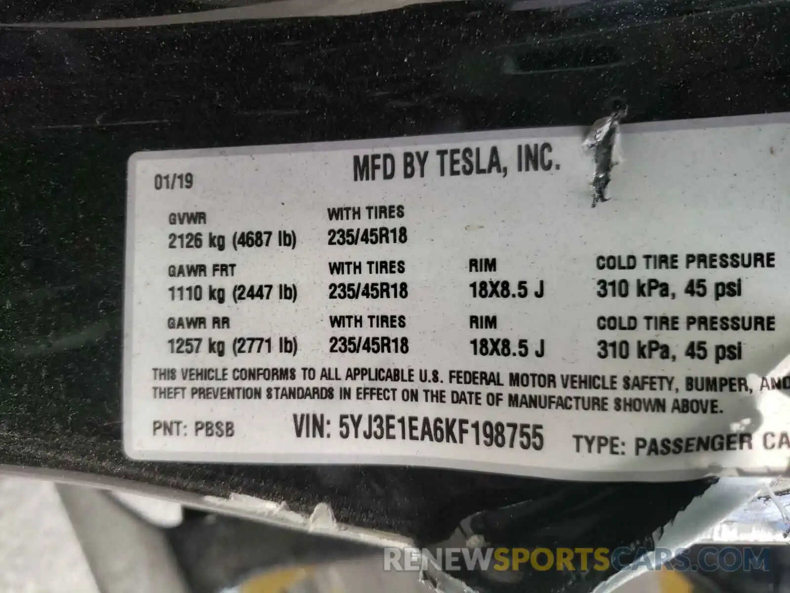 10 Photograph of a damaged car 5YJ3E1EA6KF198755 TESLA MODEL 3 2019