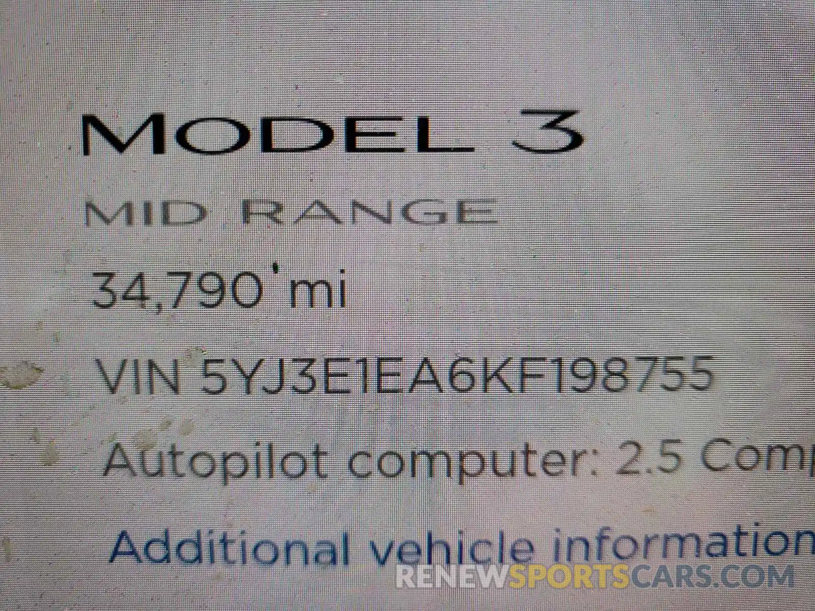 8 Photograph of a damaged car 5YJ3E1EA6KF198755 TESLA MODEL 3 2019