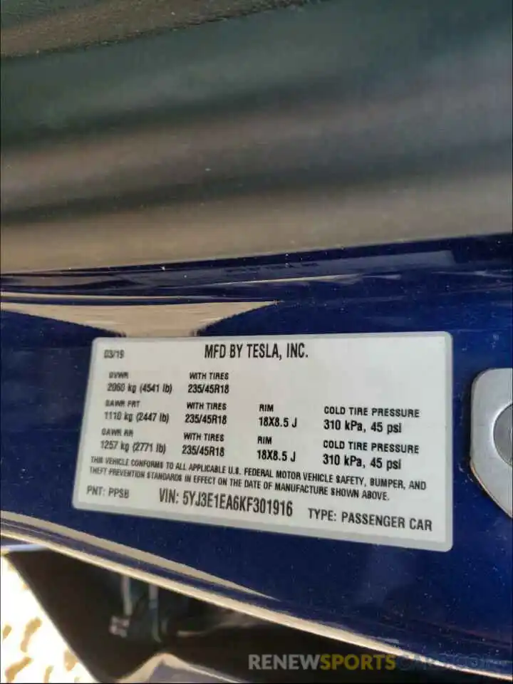 10 Photograph of a damaged car 5YJ3E1EA6KF301916 TESLA MODEL 3 2019