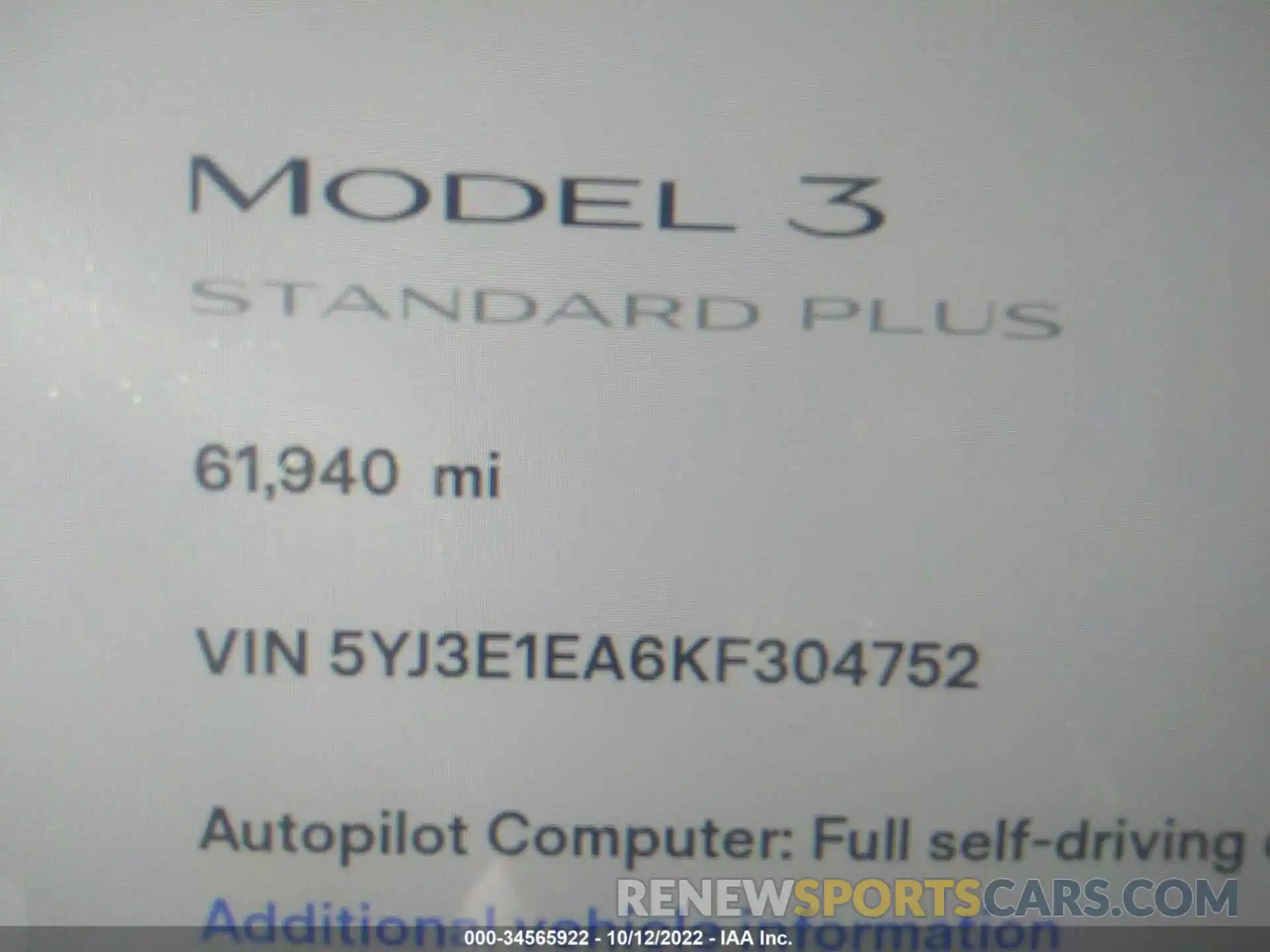 7 Photograph of a damaged car 5YJ3E1EA6KF304752 TESLA MODEL 3 2019