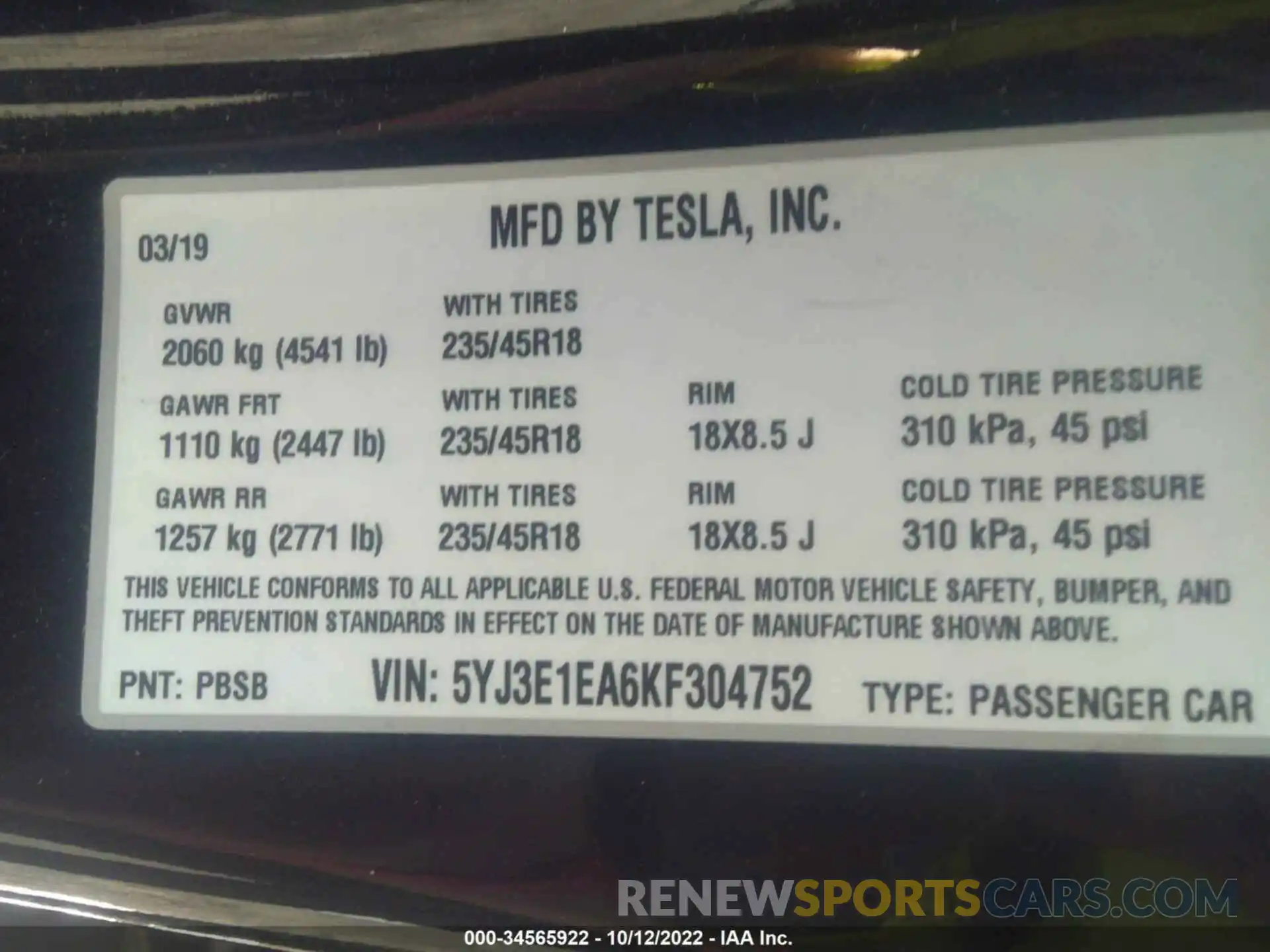 9 Photograph of a damaged car 5YJ3E1EA6KF304752 TESLA MODEL 3 2019