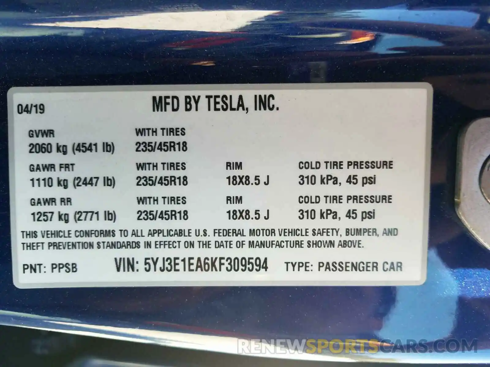 10 Photograph of a damaged car 5YJ3E1EA6KF309594 TESLA MODEL 3 2019