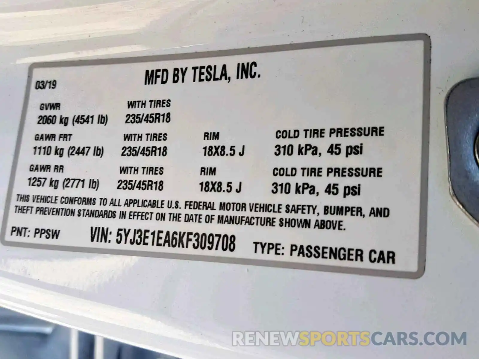 10 Photograph of a damaged car 5YJ3E1EA6KF309708 TESLA MODEL 3 2019