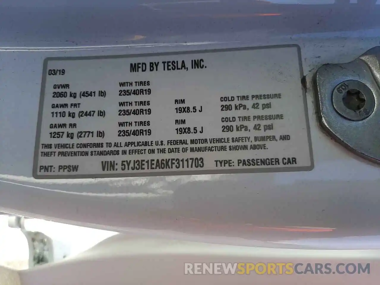 10 Photograph of a damaged car 5YJ3E1EA6KF311703 TESLA MODEL 3 2019