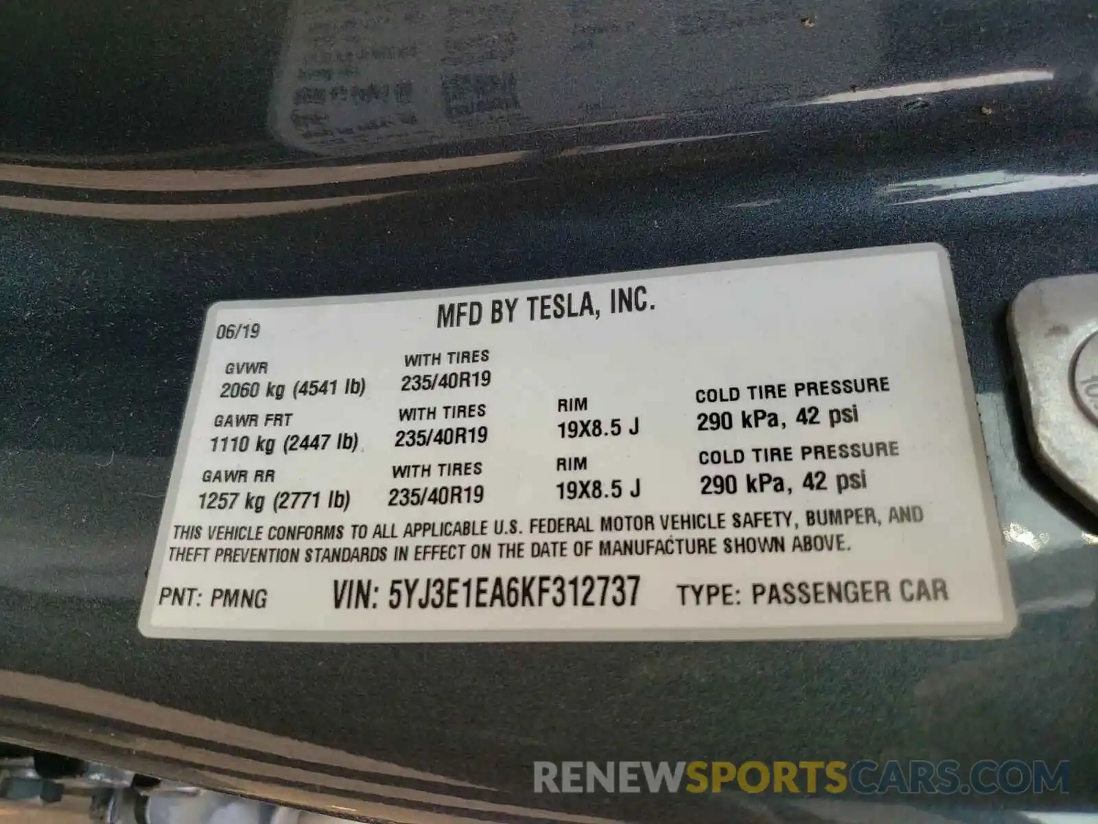 10 Фотография поврежденного автомобиля 5YJ3E1EA6KF312737 TESLA MODEL 3 2019