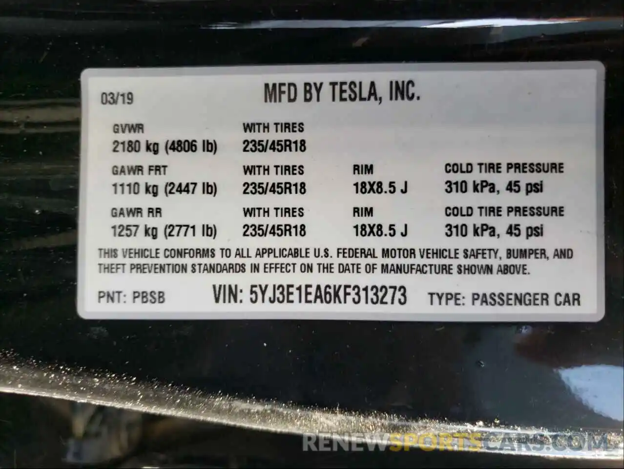 10 Photograph of a damaged car 5YJ3E1EA6KF313273 TESLA MODEL 3 2019