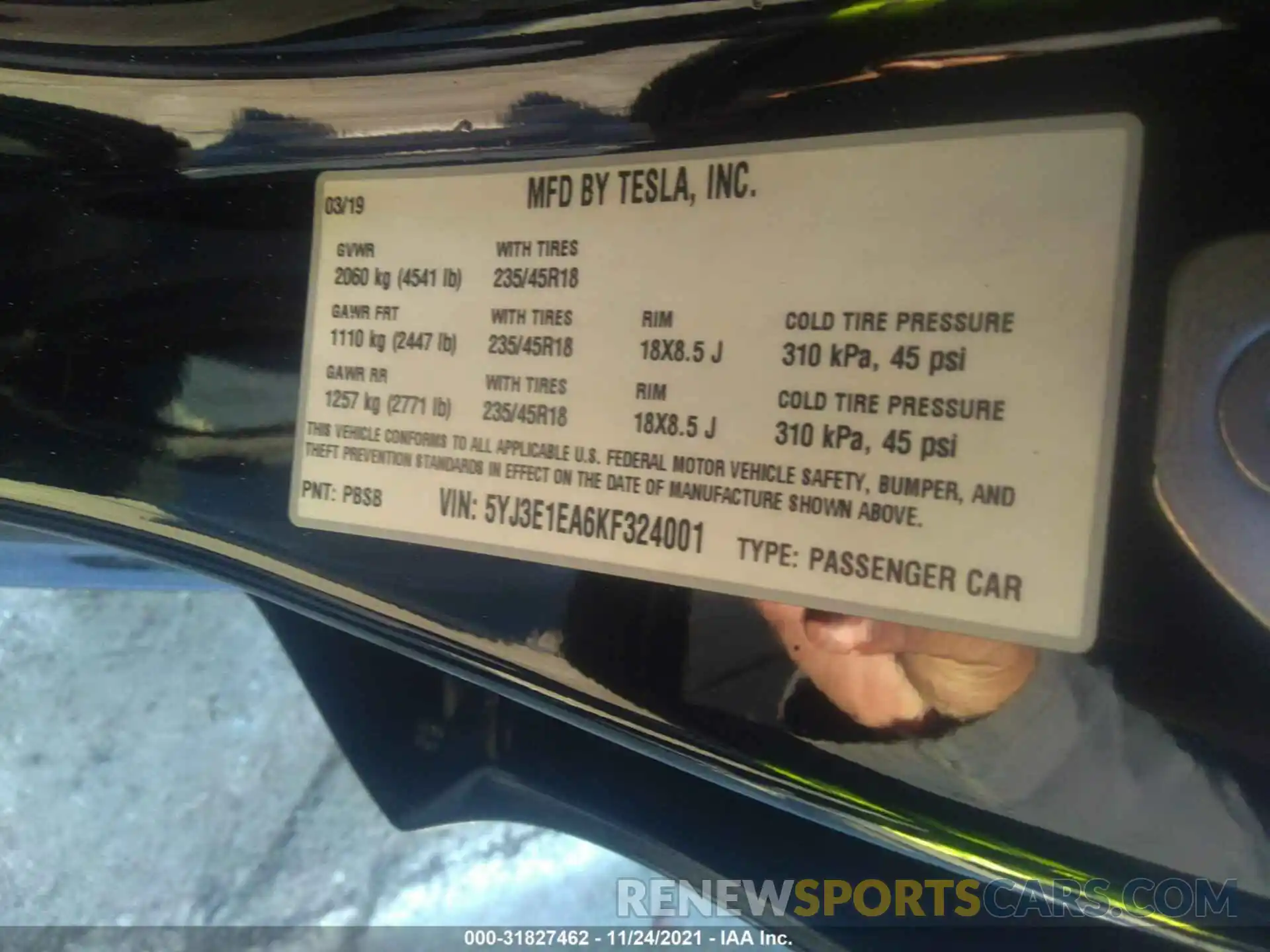 9 Photograph of a damaged car 5YJ3E1EA6KF324001 TESLA MODEL 3 2019