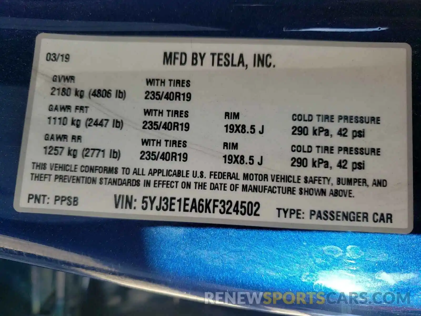 10 Photograph of a damaged car 5YJ3E1EA6KF324502 TESLA MODEL 3 2019