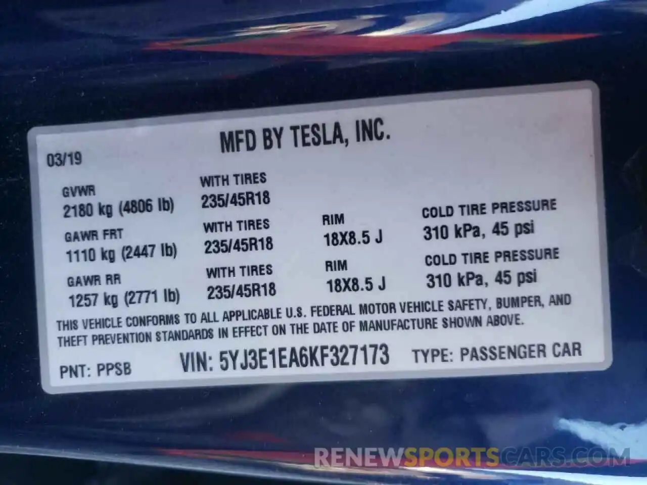 10 Photograph of a damaged car 5YJ3E1EA6KF327173 TESLA MODEL 3 2019