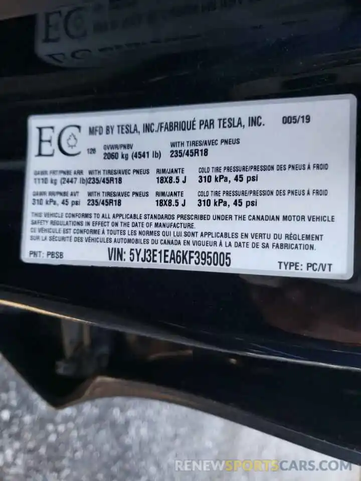 10 Photograph of a damaged car 5YJ3E1EA6KF395005 TESLA MODEL 3 2019