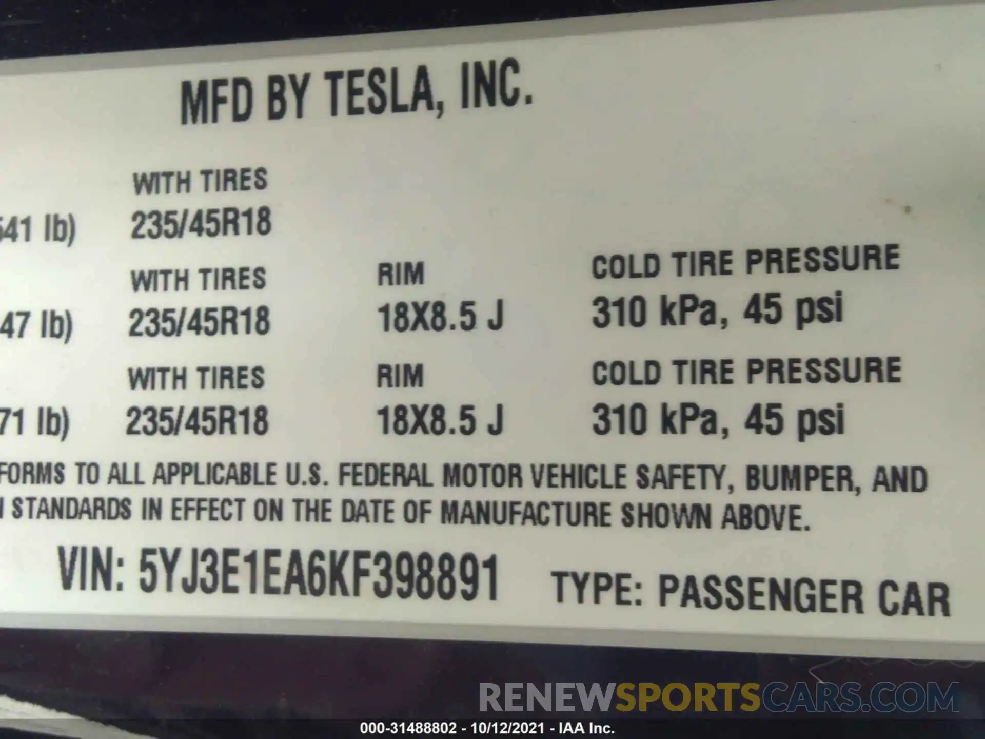 9 Photograph of a damaged car 5YJ3E1EA6KF398891 TESLA MODEL 3 2019