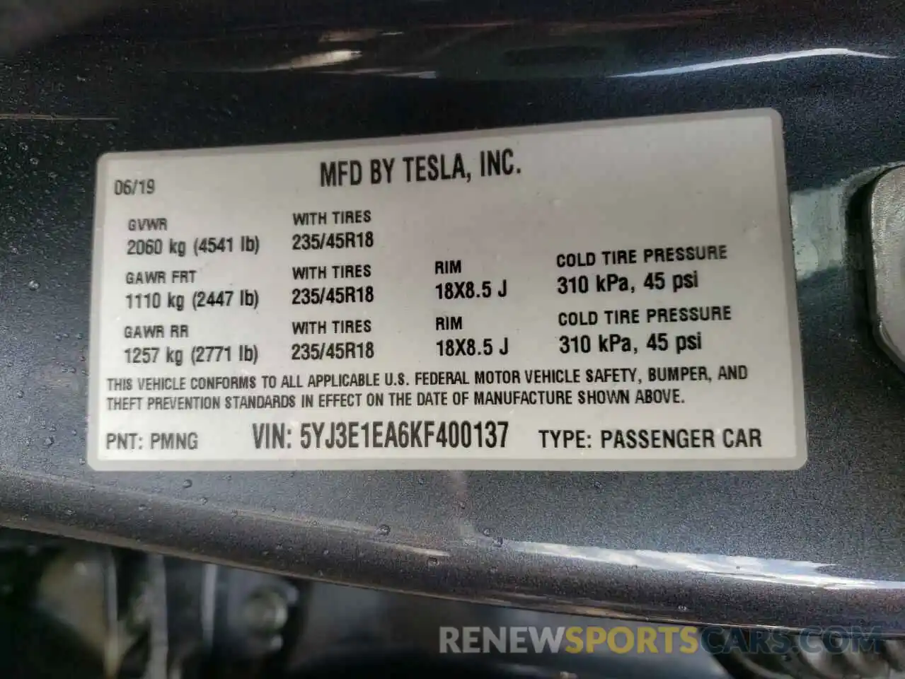 10 Photograph of a damaged car 5YJ3E1EA6KF400137 TESLA MODEL 3 2019