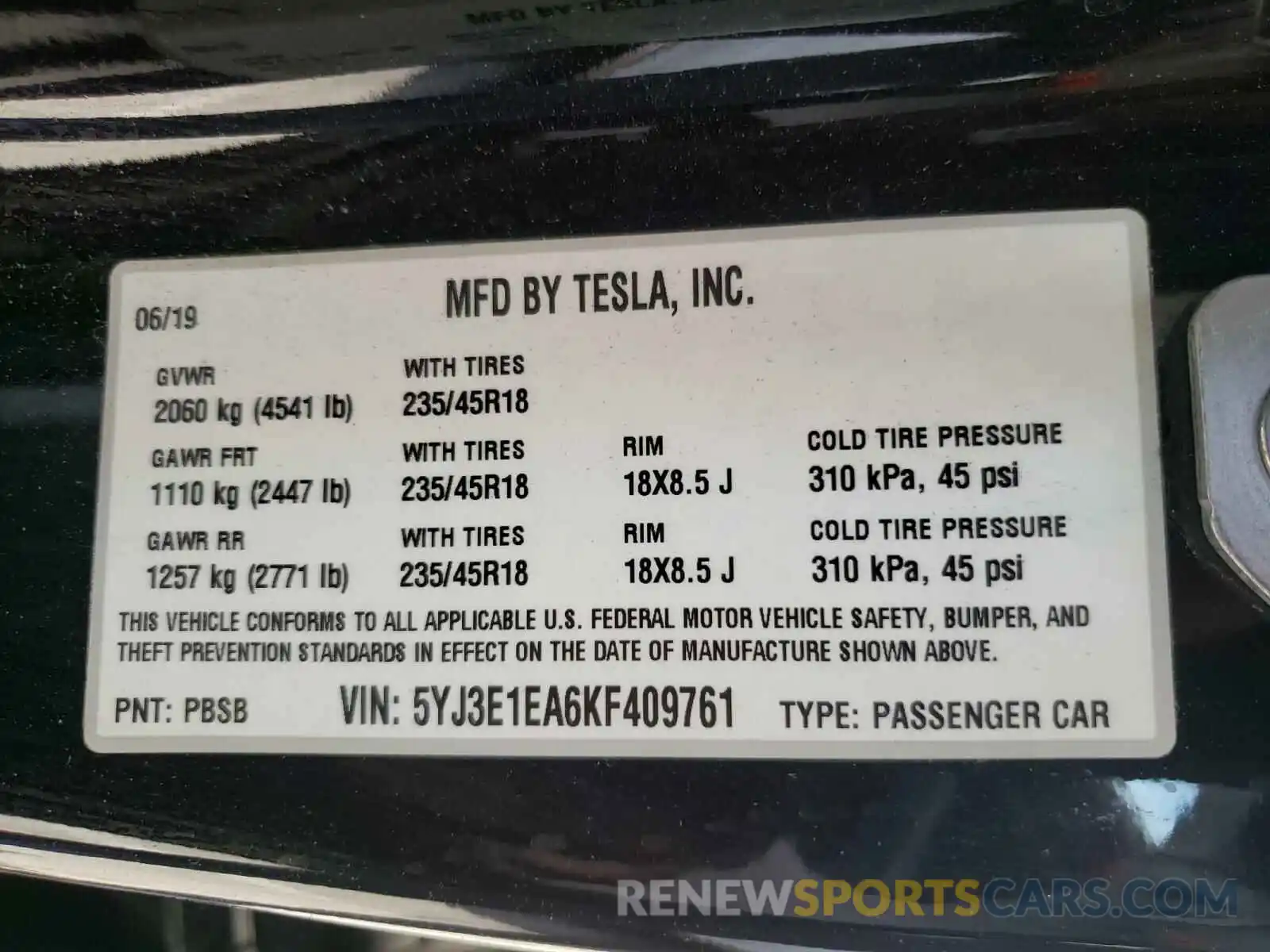 10 Фотография поврежденного автомобиля 5YJ3E1EA6KF409761 TESLA MODEL 3 2019