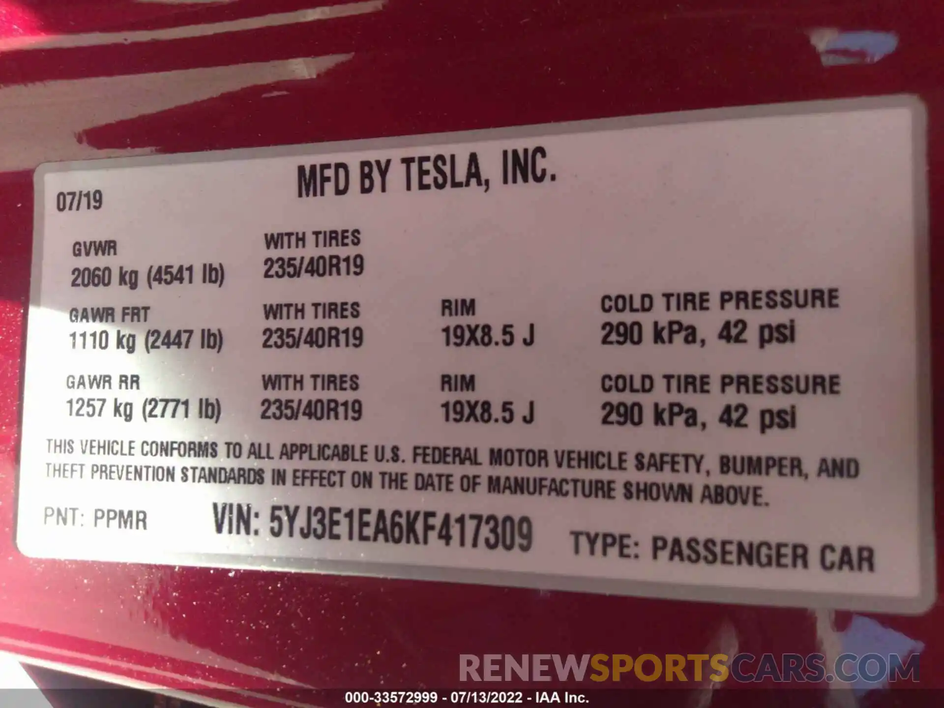 9 Photograph of a damaged car 5YJ3E1EA6KF417309 TESLA MODEL 3 2019