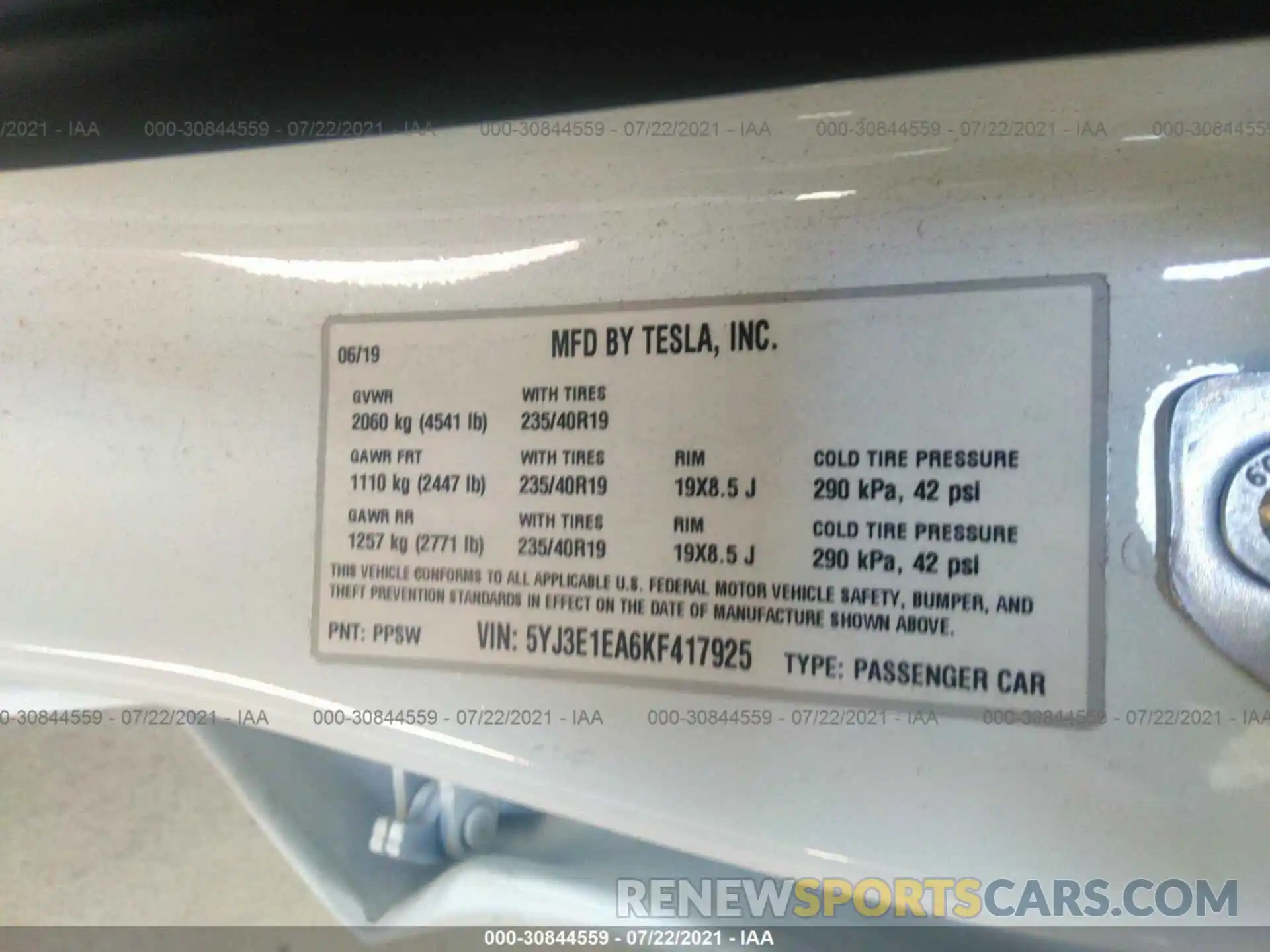 9 Photograph of a damaged car 5YJ3E1EA6KF417925 TESLA MODEL 3 2019