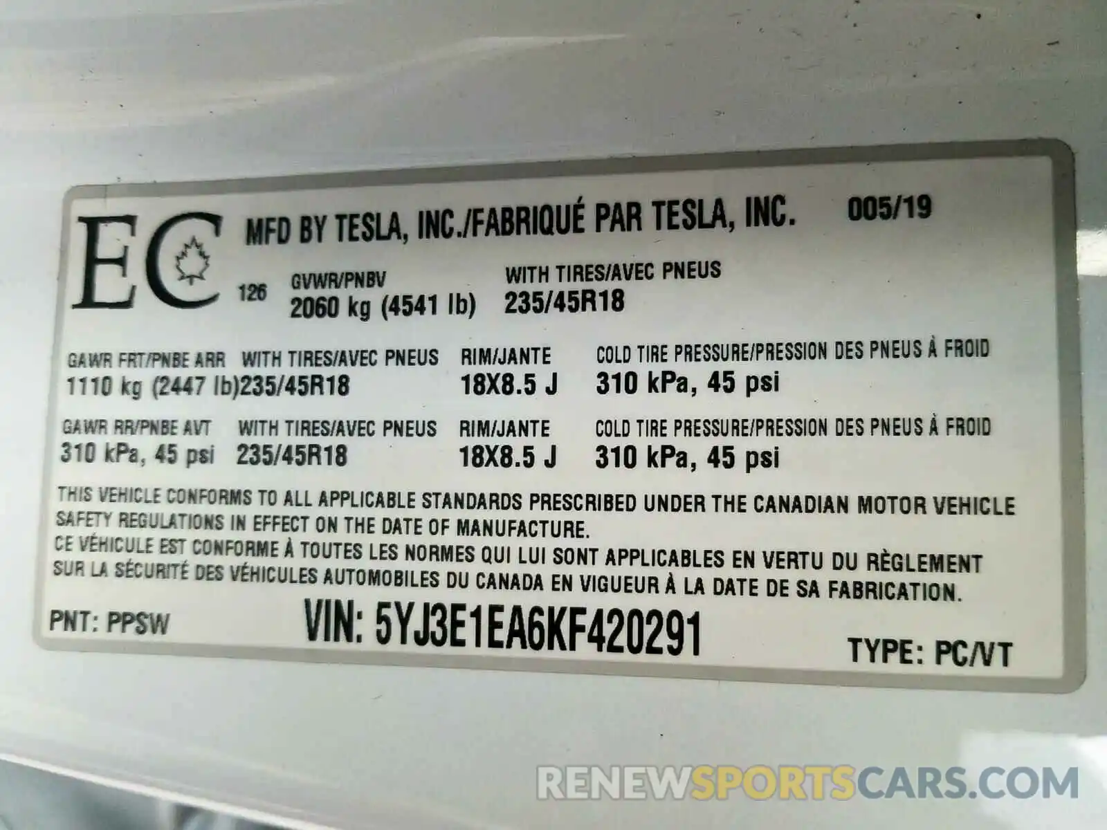 10 Photograph of a damaged car 5YJ3E1EA6KF420291 TESLA MODEL 3 2019