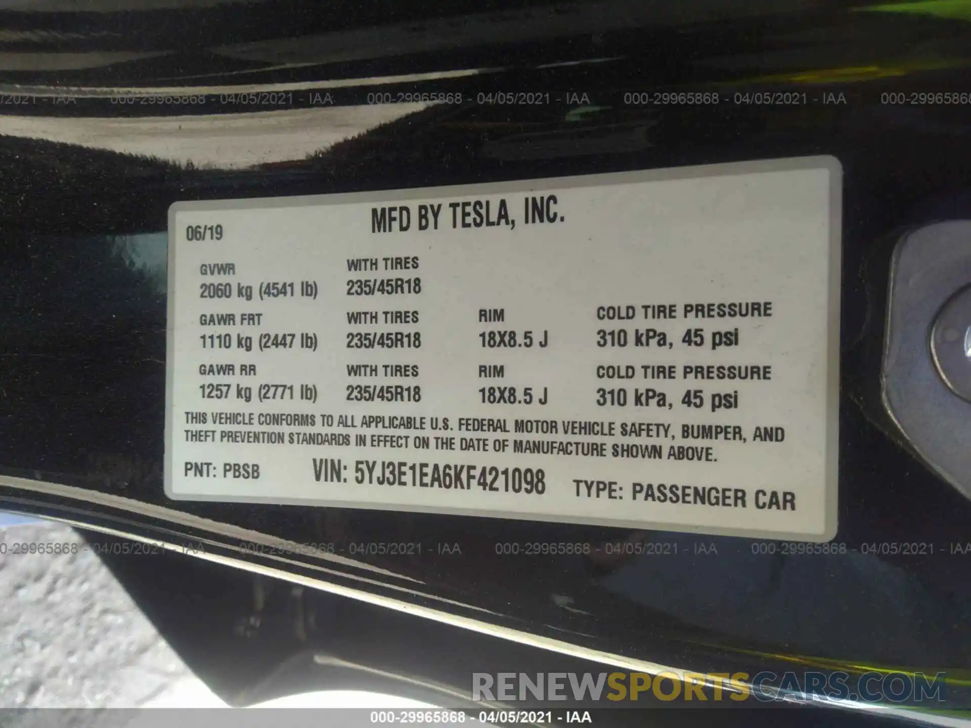 9 Фотография поврежденного автомобиля 5YJ3E1EA6KF421098 TESLA MODEL 3 2019