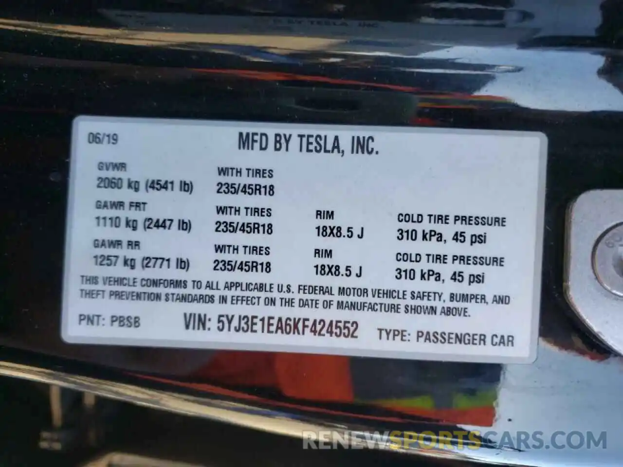 10 Photograph of a damaged car 5YJ3E1EA6KF424552 TESLA MODEL 3 2019