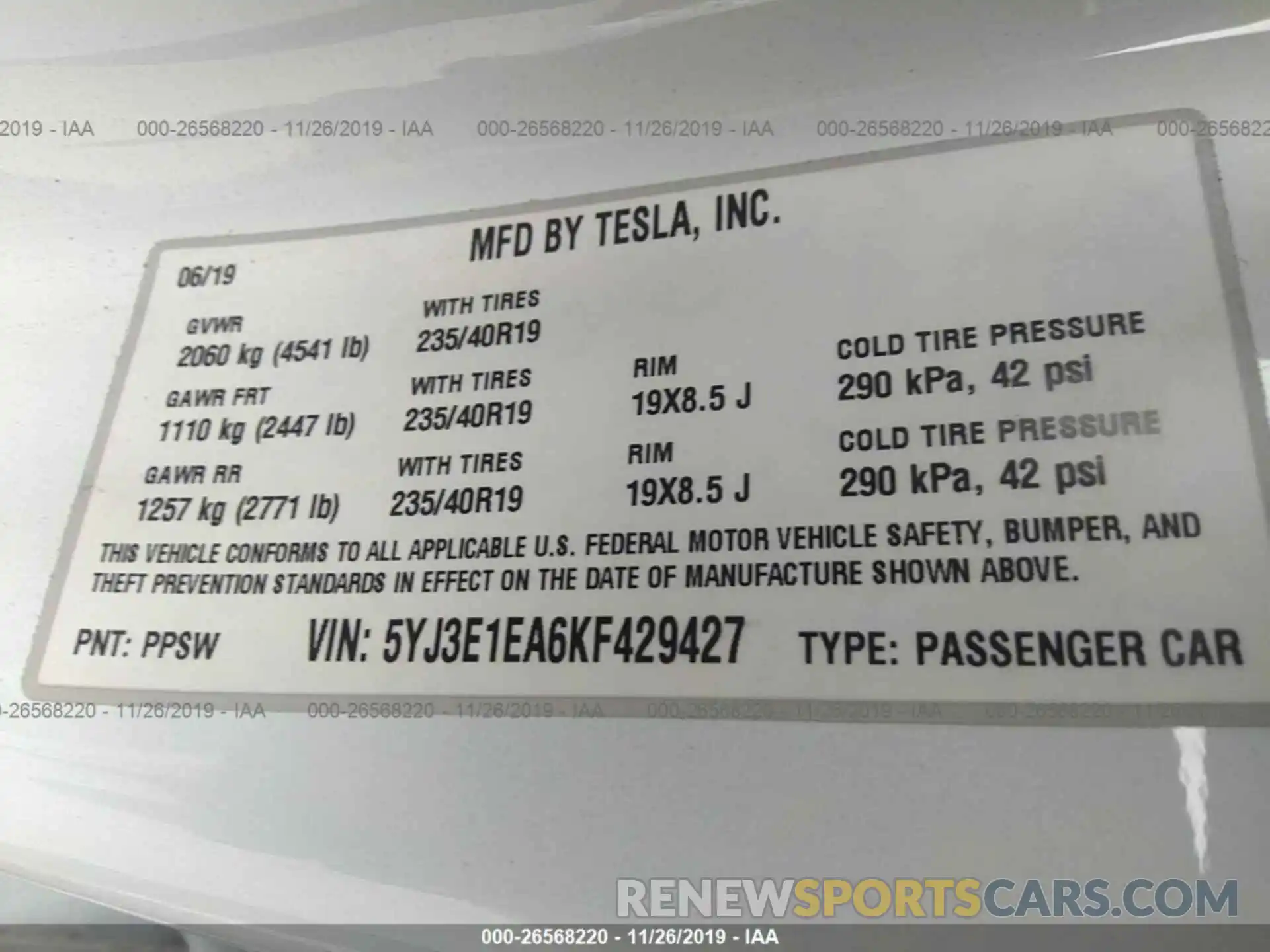 9 Фотография поврежденного автомобиля 5YJ3E1EA6KF429427 TESLA MODEL 3 2019