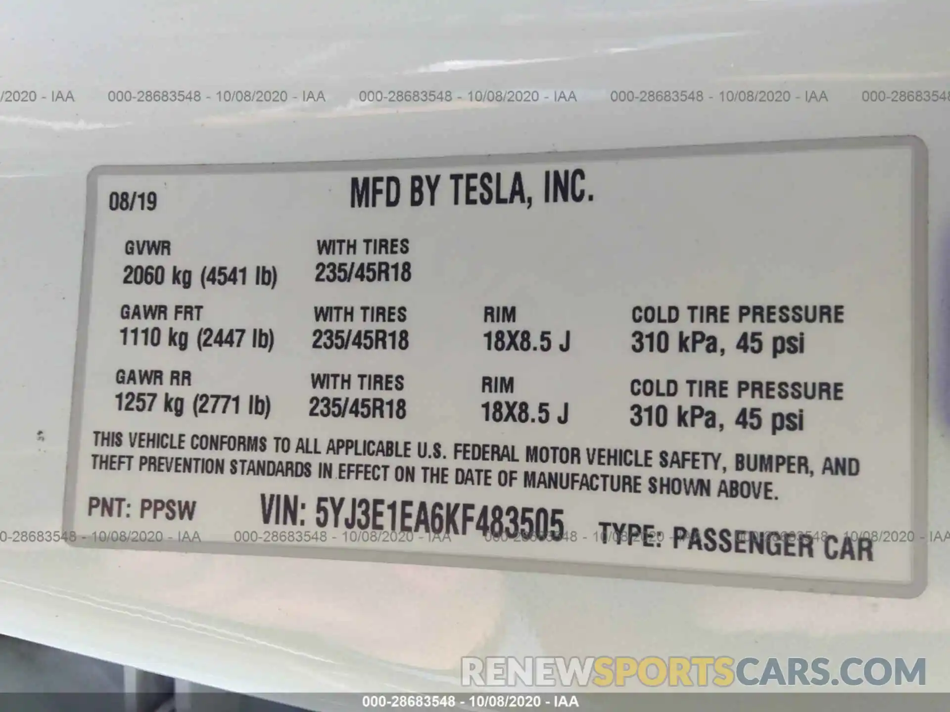 9 Фотография поврежденного автомобиля 5YJ3E1EA6KF483505 TESLA MODEL 3 2019