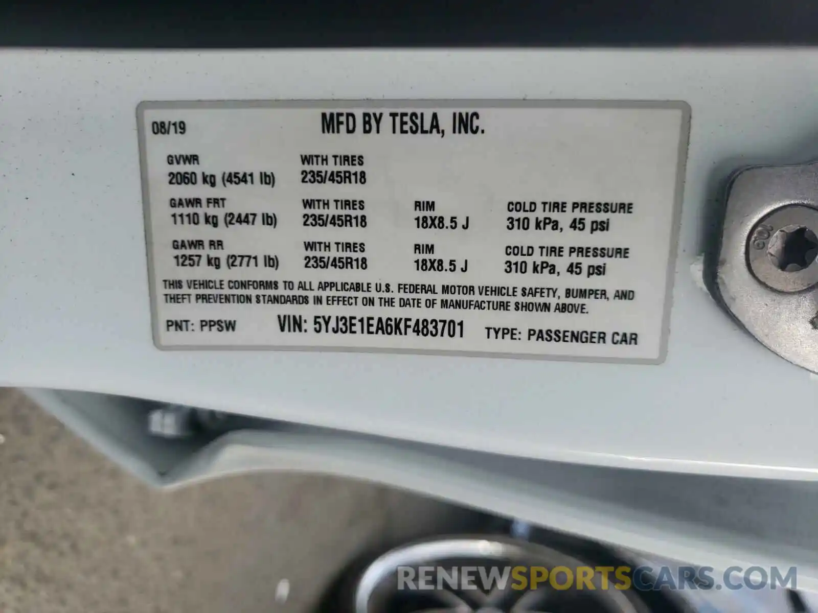 10 Photograph of a damaged car 5YJ3E1EA6KF483701 TESLA MODEL 3 2019