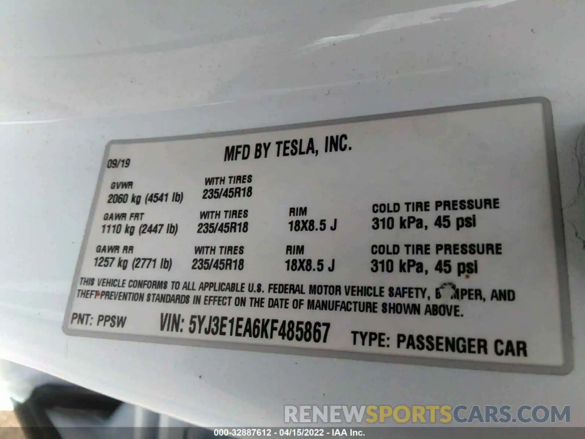 9 Photograph of a damaged car 5YJ3E1EA6KF485867 TESLA MODEL 3 2019