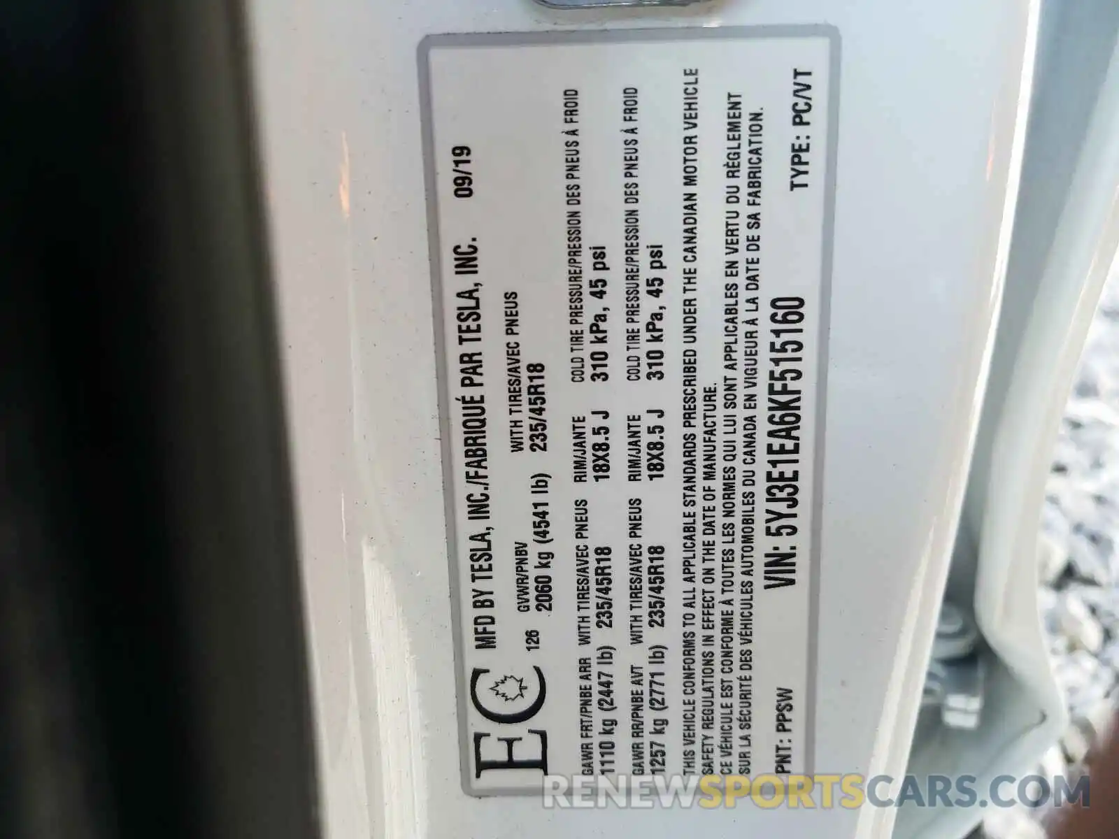 10 Photograph of a damaged car 5YJ3E1EA6KF515160 TESLA MODEL 3 2019