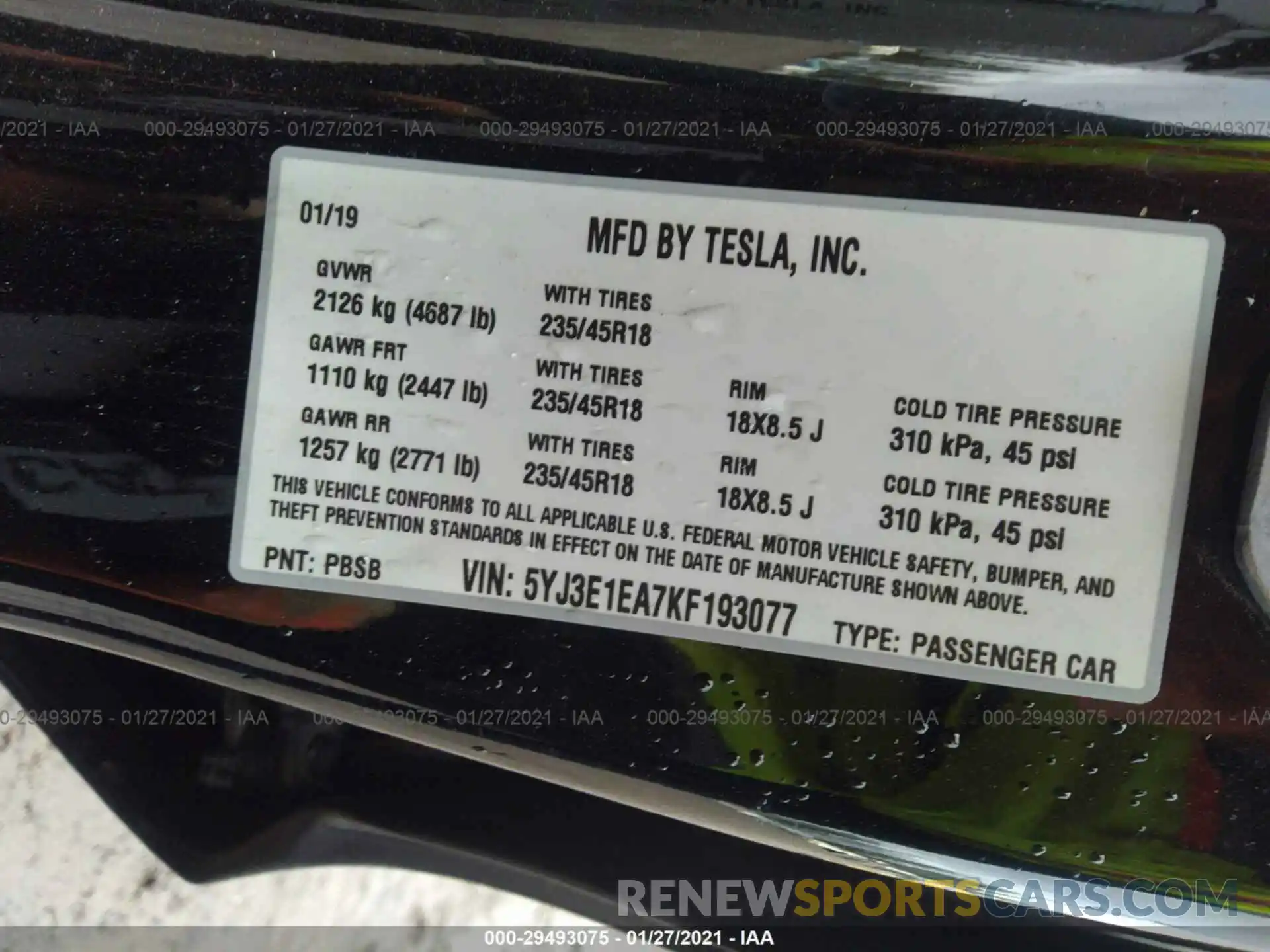 9 Photograph of a damaged car 5YJ3E1EA7KF193077 TESLA MODEL 3 2019