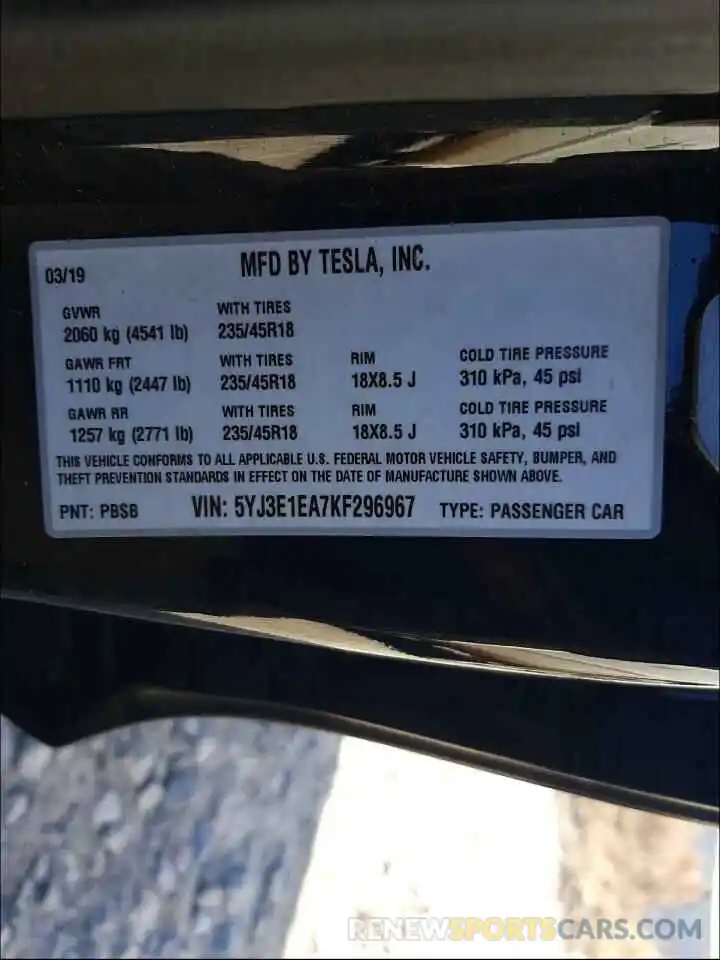 10 Photograph of a damaged car 5YJ3E1EA7KF296967 TESLA MODEL 3 2019