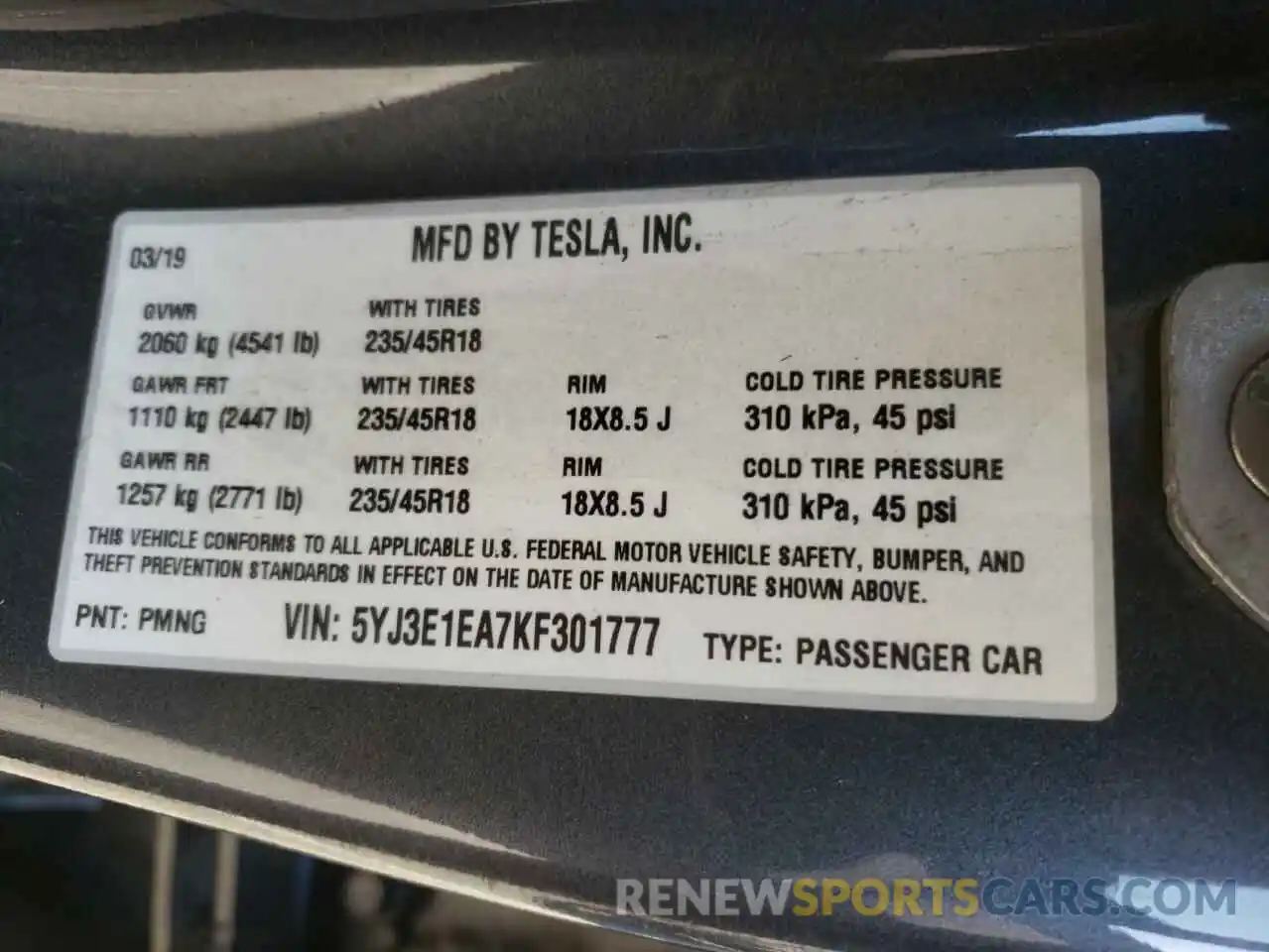 10 Photograph of a damaged car 5YJ3E1EA7KF301777 TESLA MODEL 3 2019