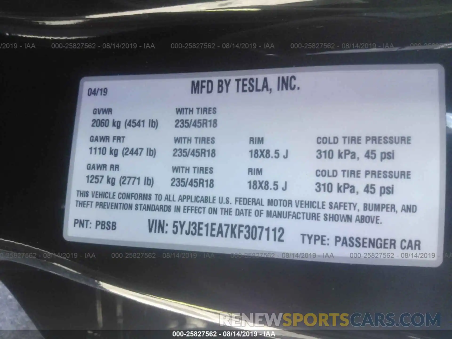 9 Photograph of a damaged car 5YJ3E1EA7KF307112 TESLA MODEL 3 2019