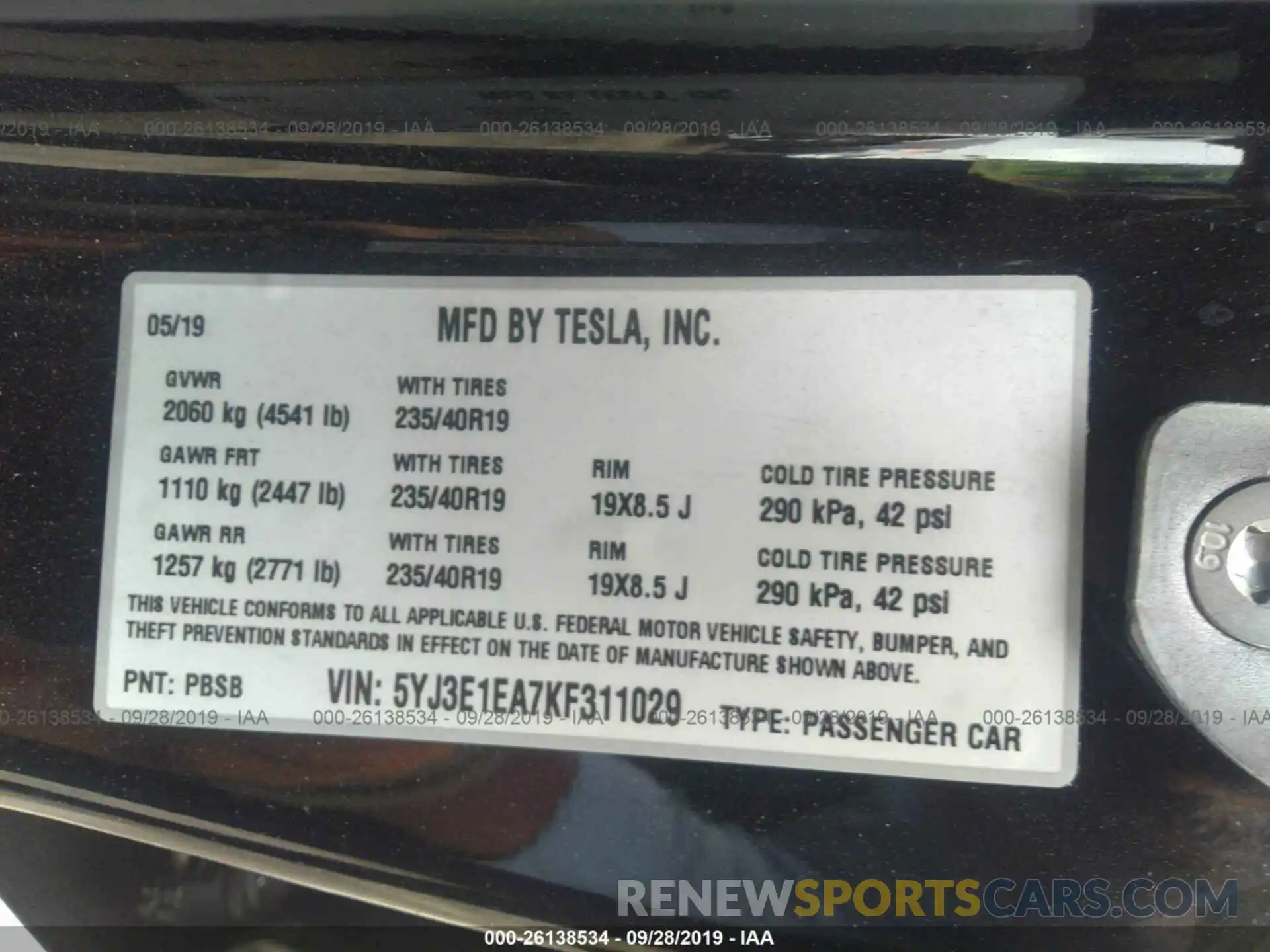 9 Photograph of a damaged car 5YJ3E1EA7KF311029 TESLA MODEL 3 2019