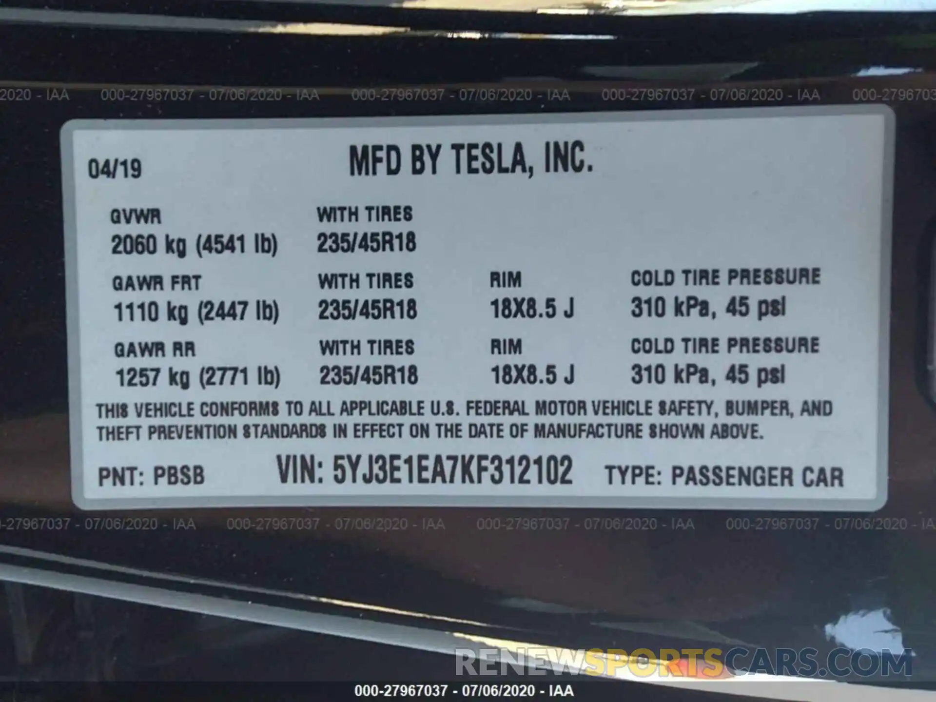 9 Фотография поврежденного автомобиля 5YJ3E1EA7KF312102 TESLA MODEL 3 2019