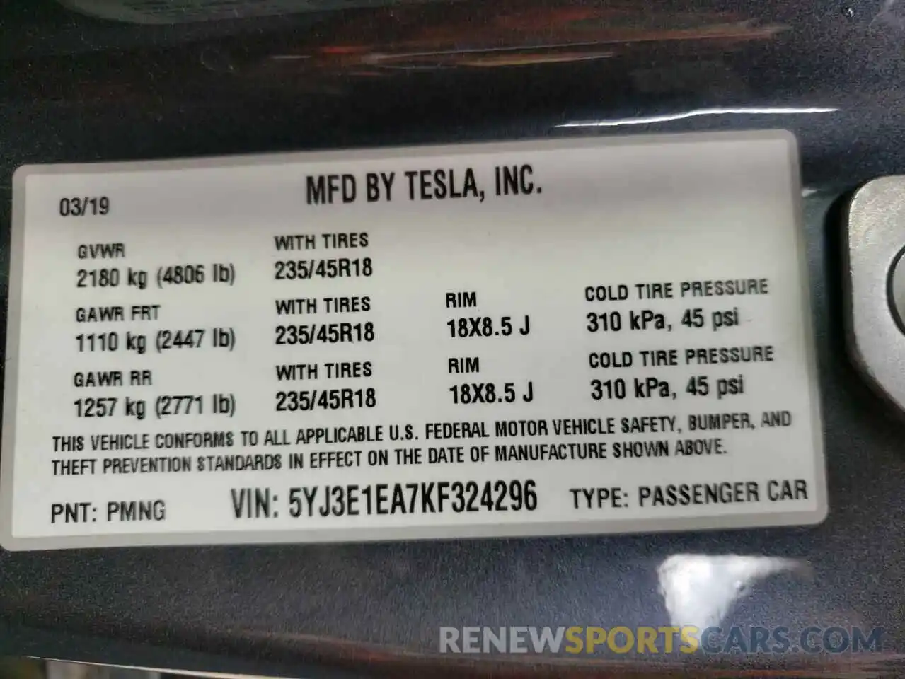 10 Photograph of a damaged car 5YJ3E1EA7KF324296 TESLA MODEL 3 2019