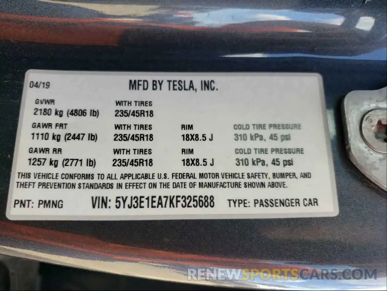 10 Photograph of a damaged car 5YJ3E1EA7KF325688 TESLA MODEL 3 2019