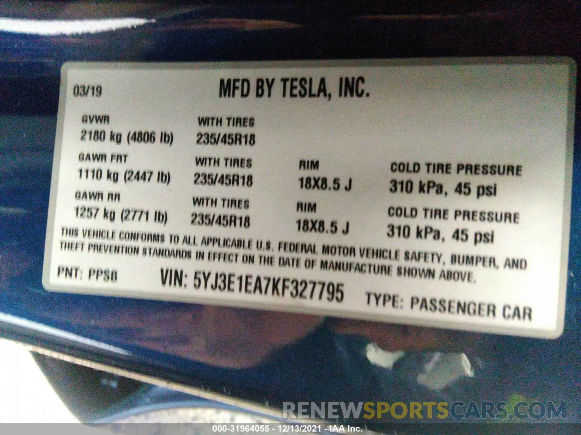 9 Photograph of a damaged car 5YJ3E1EA7KF327795 TESLA MODEL 3 2019