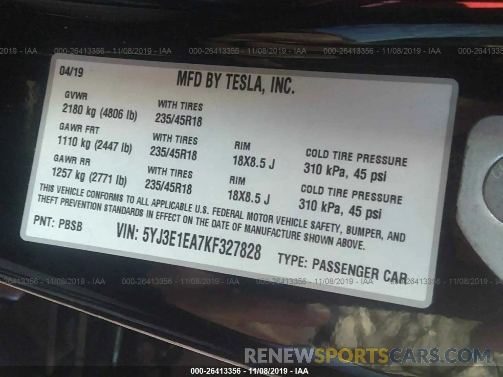 9 Фотография поврежденного автомобиля 5YJ3E1EA7KF327828 TESLA MODEL 3 2019