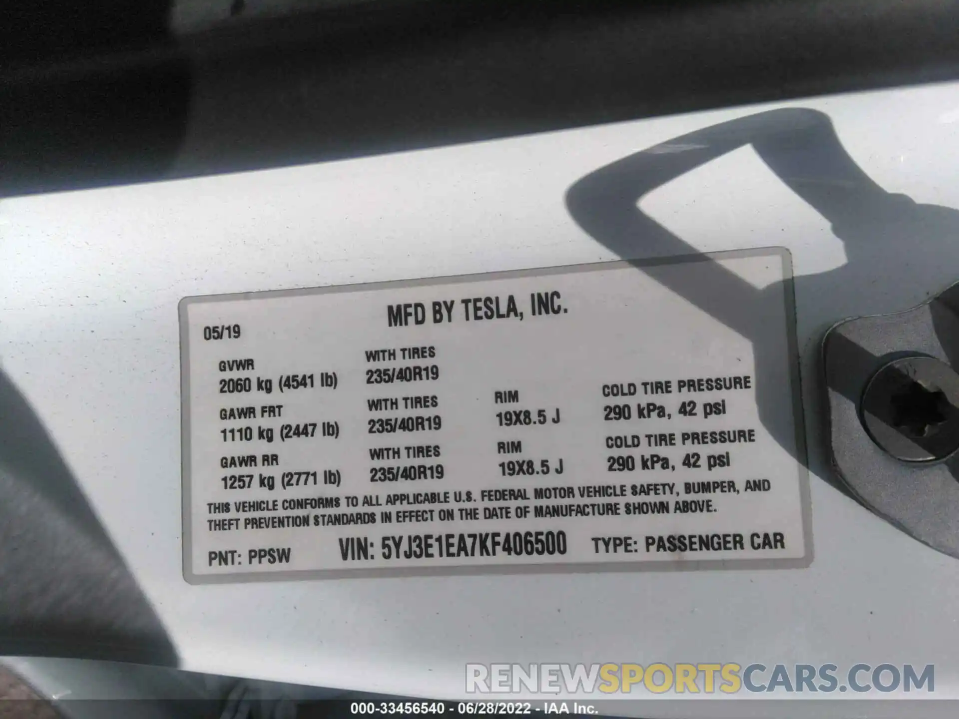 9 Photograph of a damaged car 5YJ3E1EA7KF406500 TESLA MODEL 3 2019