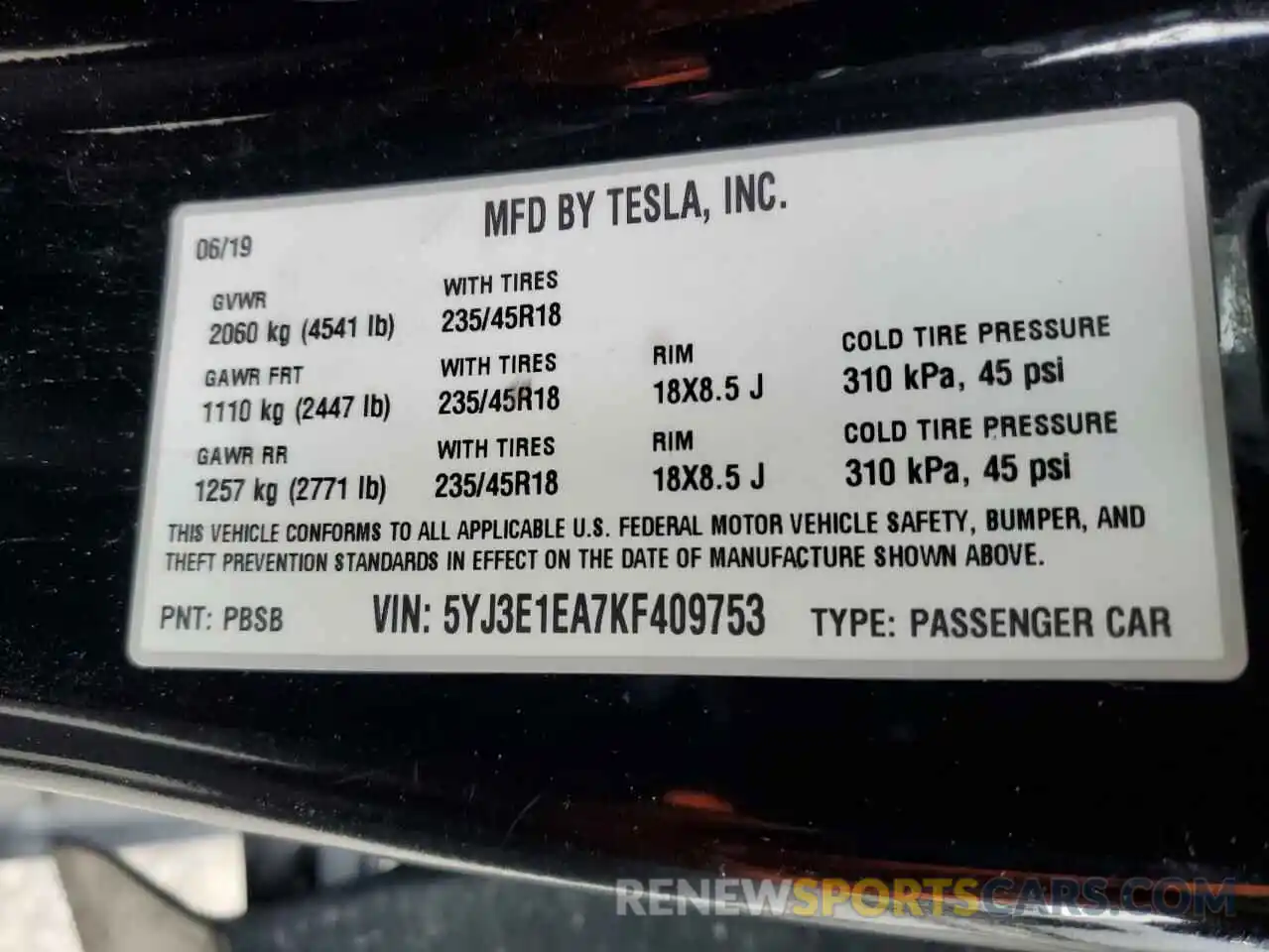 12 Фотография поврежденного автомобиля 5YJ3E1EA7KF409753 TESLA MODEL 3 2019