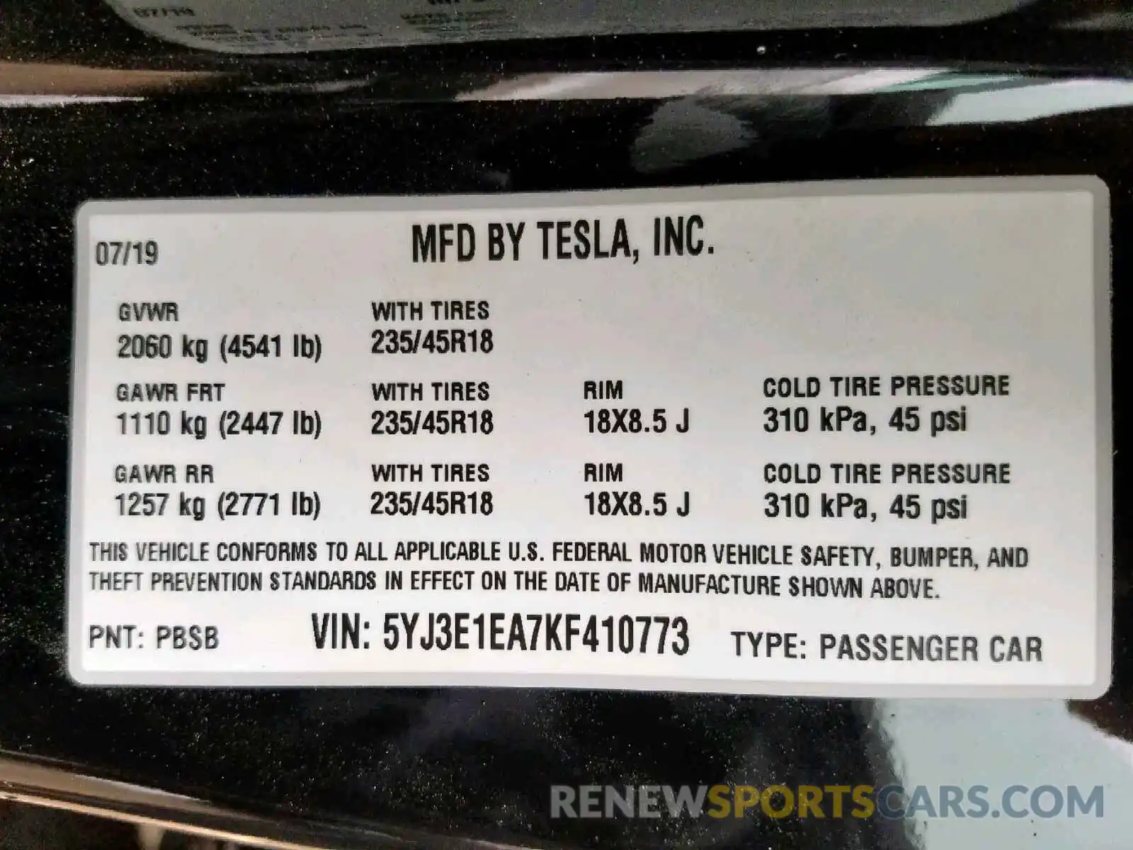 10 Photograph of a damaged car 5YJ3E1EA7KF410773 TESLA MODEL 3 2019