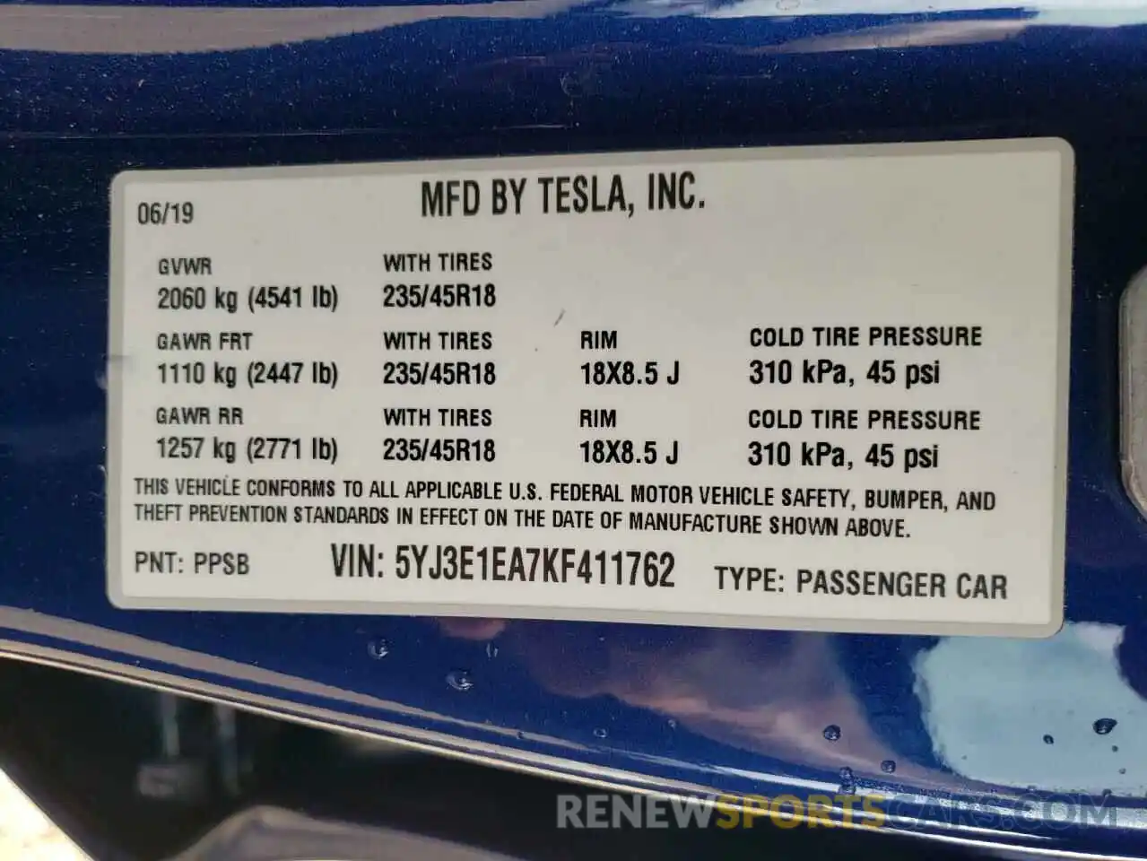 10 Фотография поврежденного автомобиля 5YJ3E1EA7KF411762 TESLA MODEL 3 2019