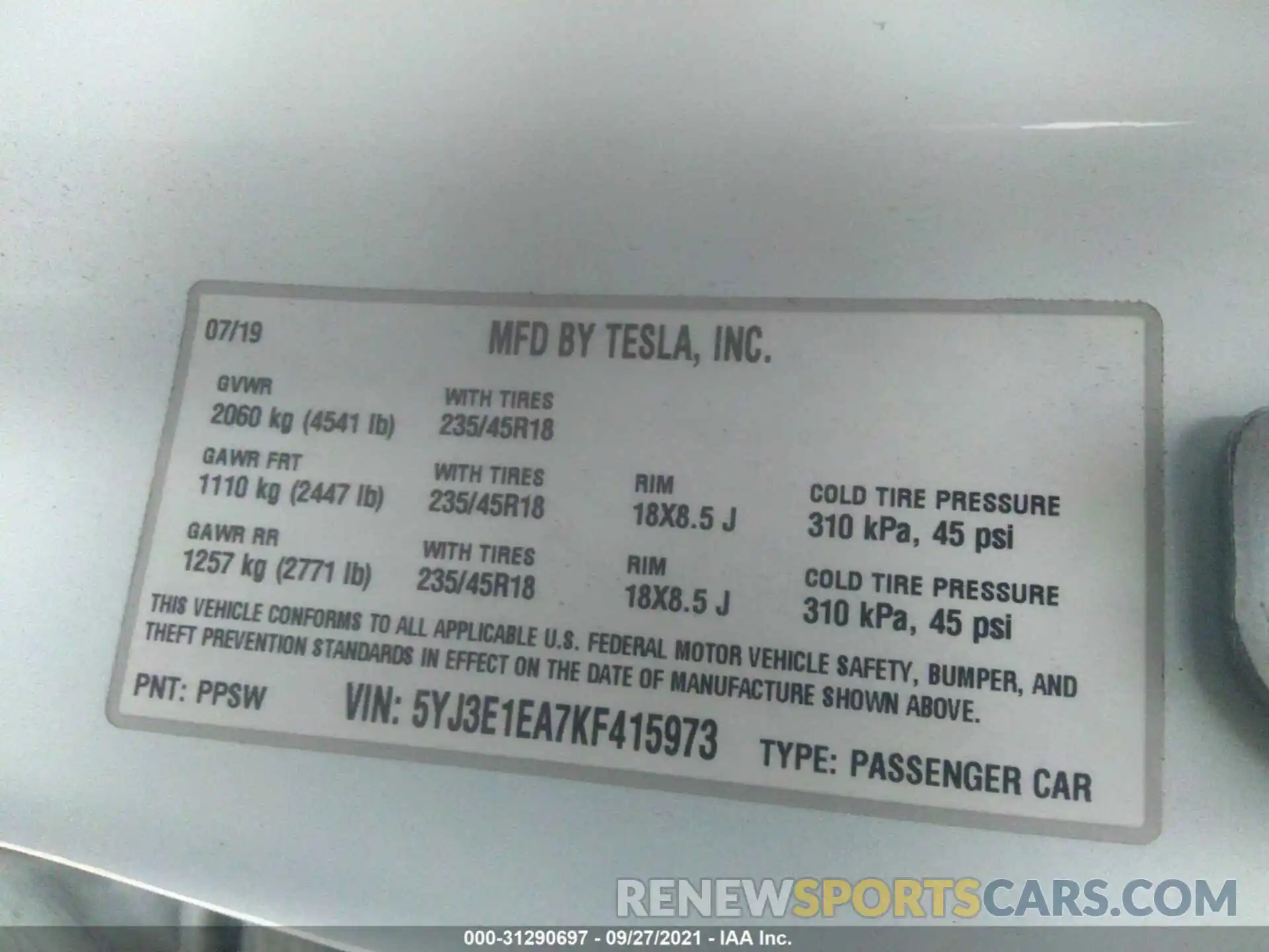 9 Photograph of a damaged car 5YJ3E1EA7KF415973 TESLA MODEL 3 2019