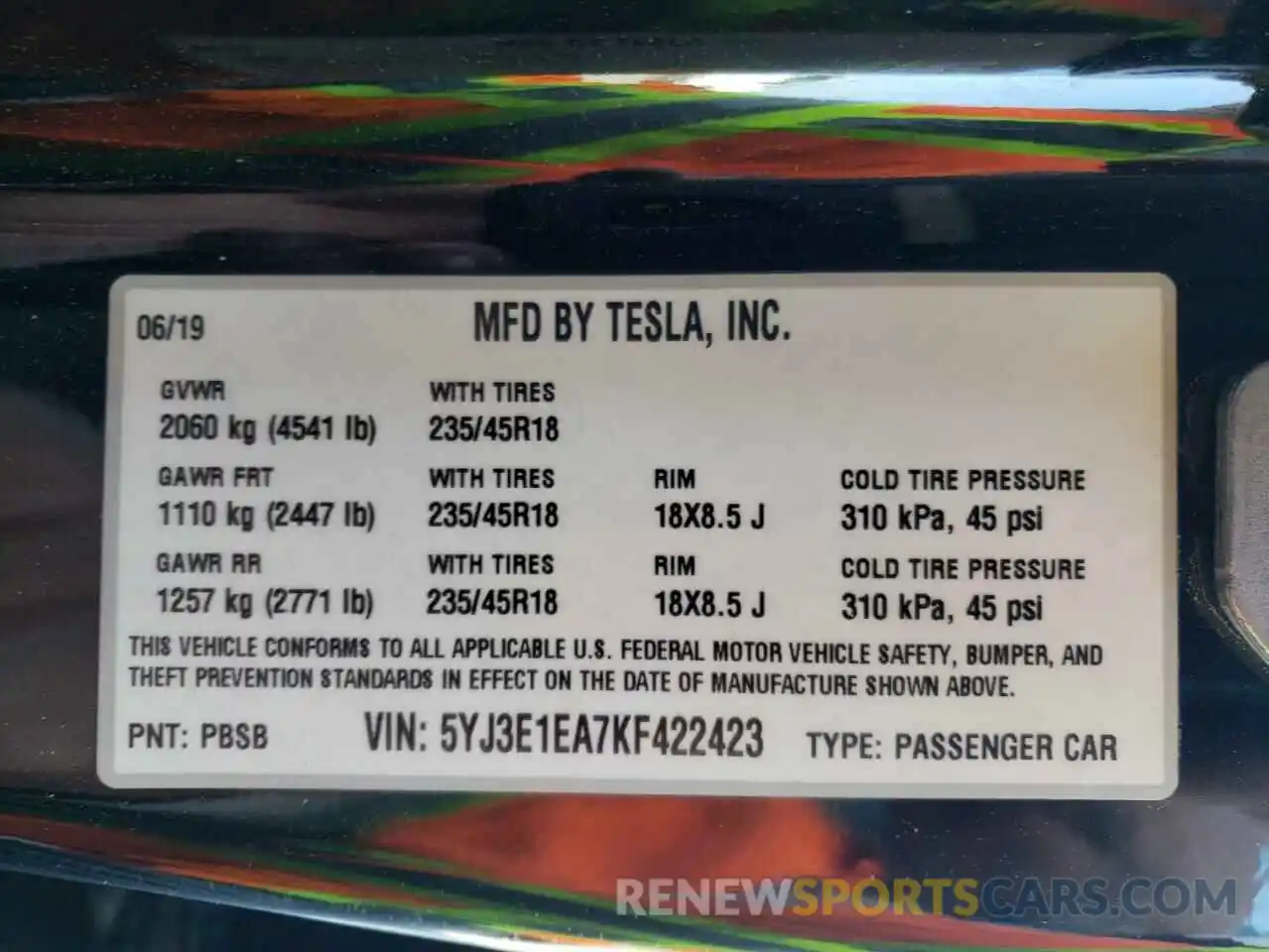 10 Photograph of a damaged car 5YJ3E1EA7KF422423 TESLA MODEL 3 2019