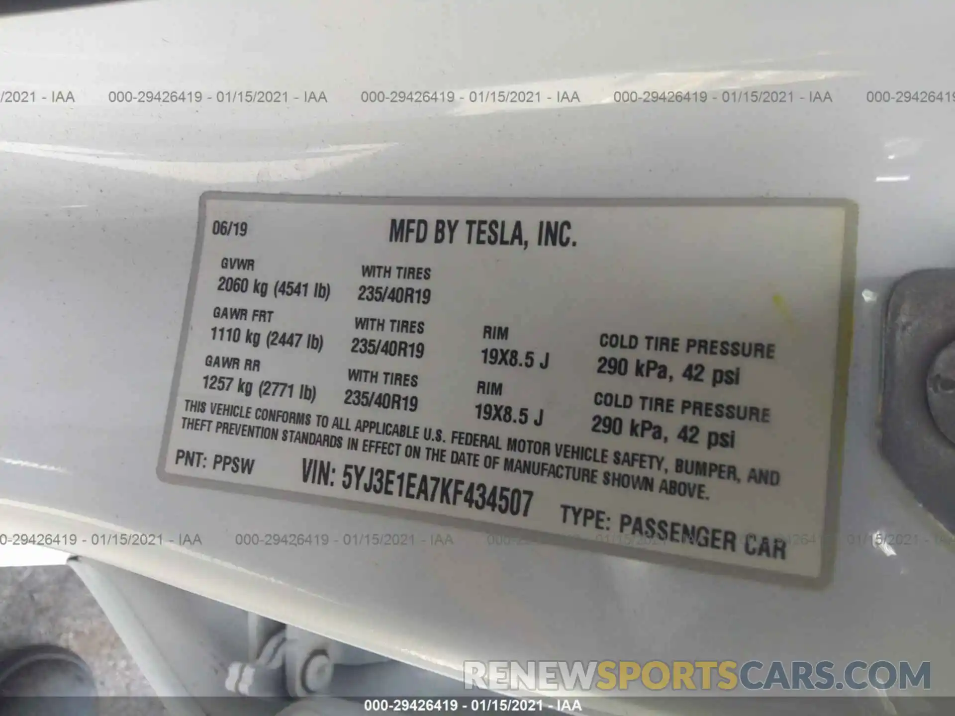 9 Photograph of a damaged car 5YJ3E1EA7KF434507 TESLA MODEL 3 2019