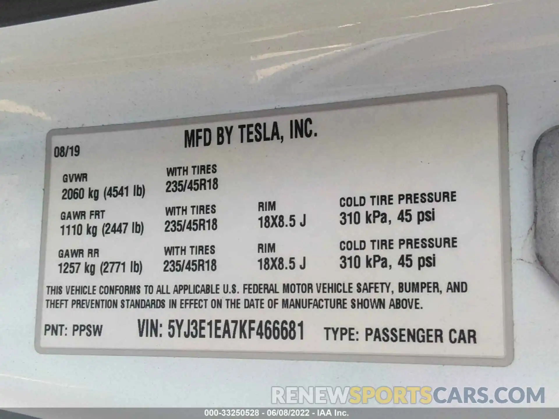 9 Photograph of a damaged car 5YJ3E1EA7KF466681 TESLA MODEL 3 2019