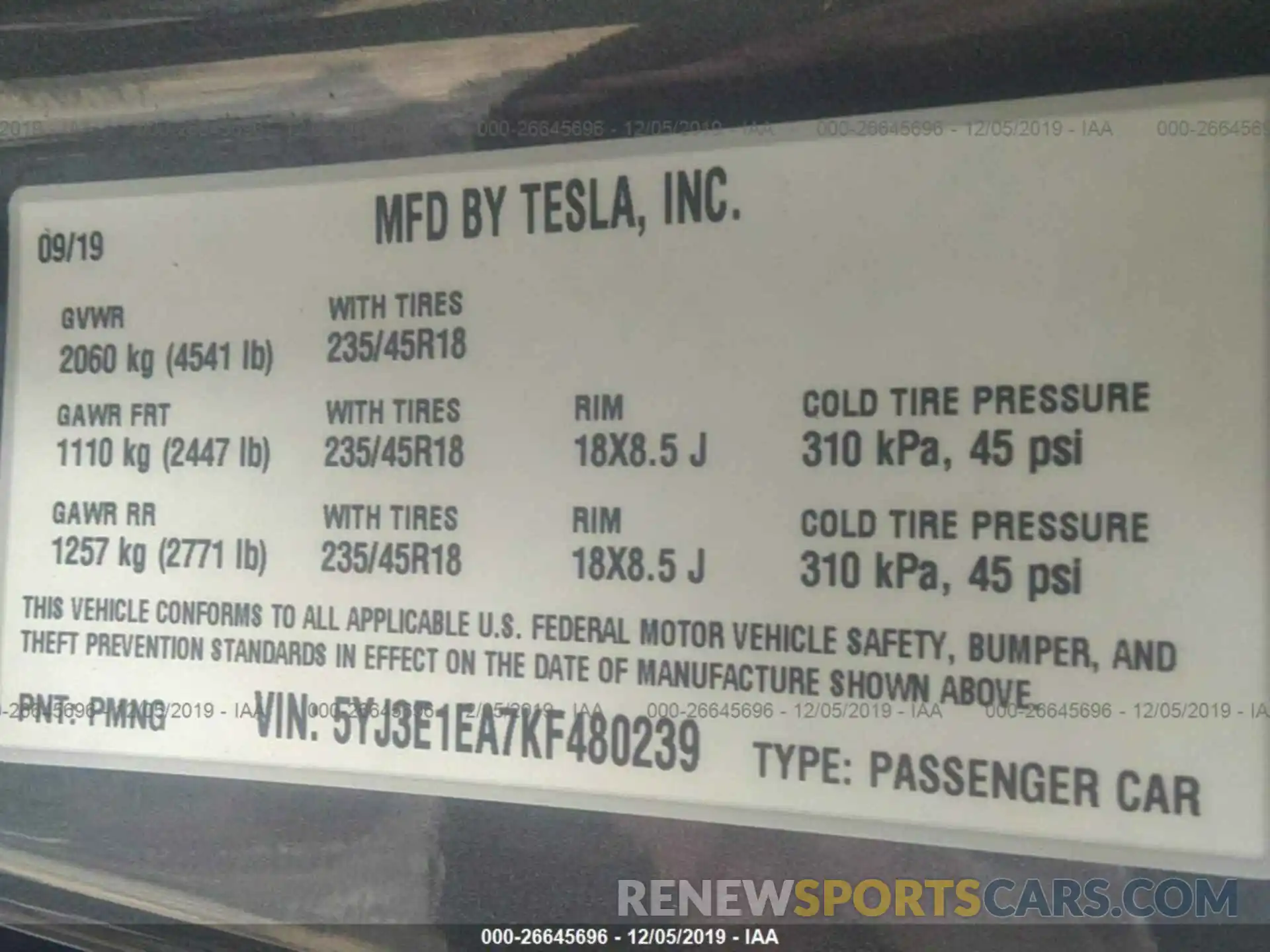 9 Photograph of a damaged car 5YJ3E1EA7KF480239 TESLA MODEL 3 2019