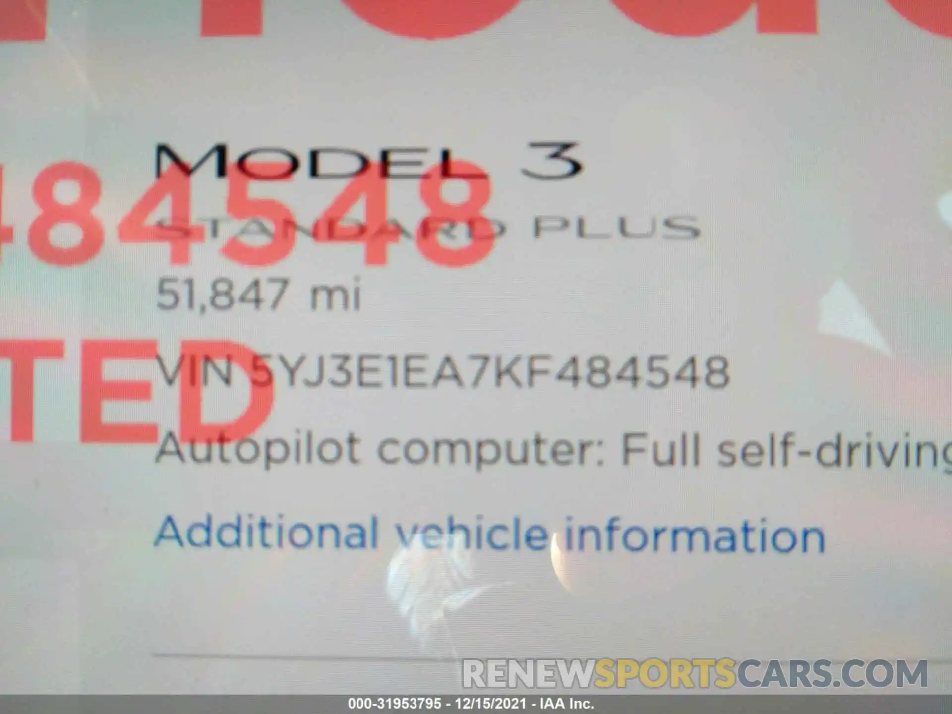 7 Photograph of a damaged car 5YJ3E1EA7KF484548 TESLA MODEL 3 2019