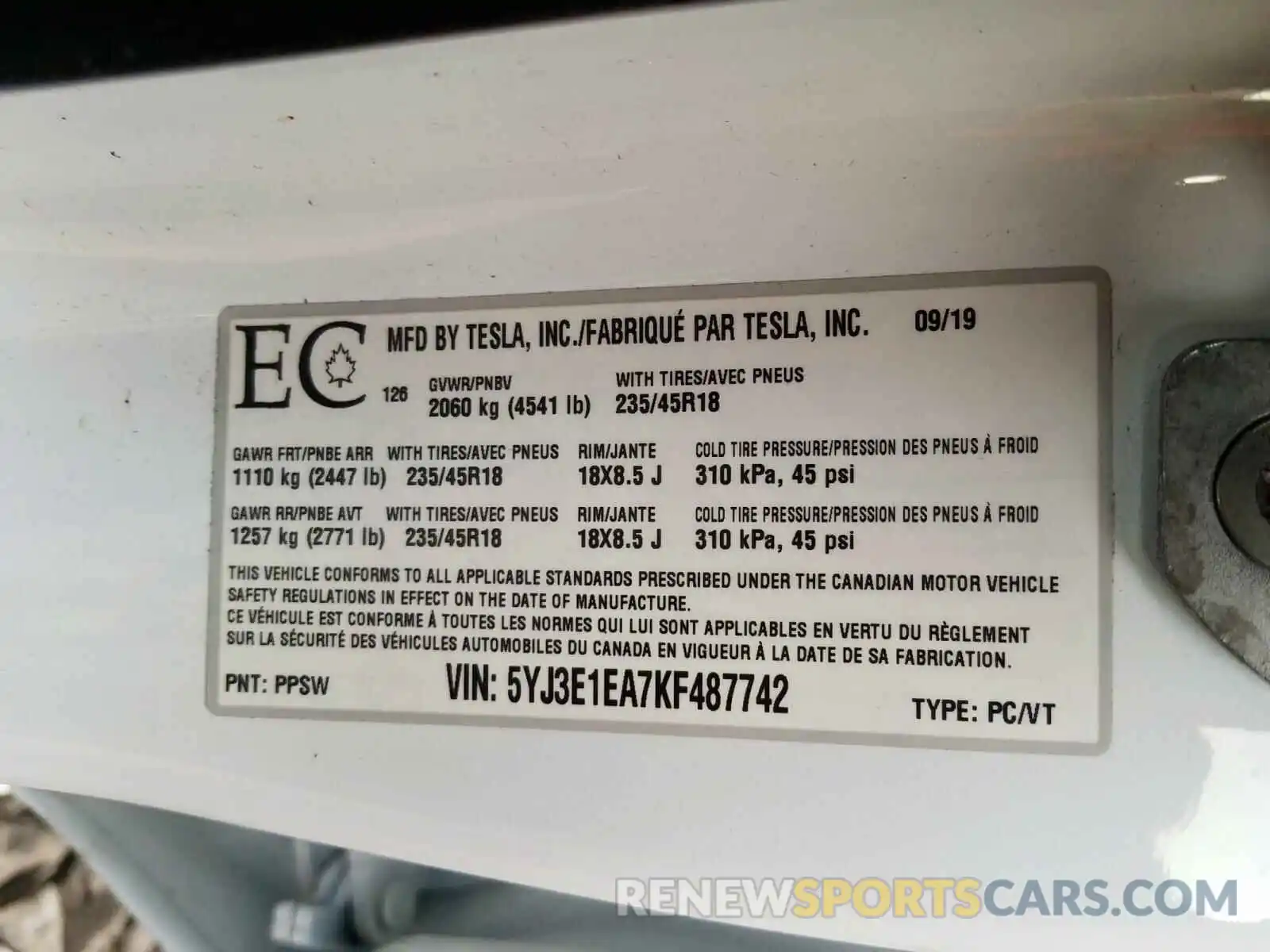 10 Photograph of a damaged car 5YJ3E1EA7KF487742 TESLA MODEL 3 2019